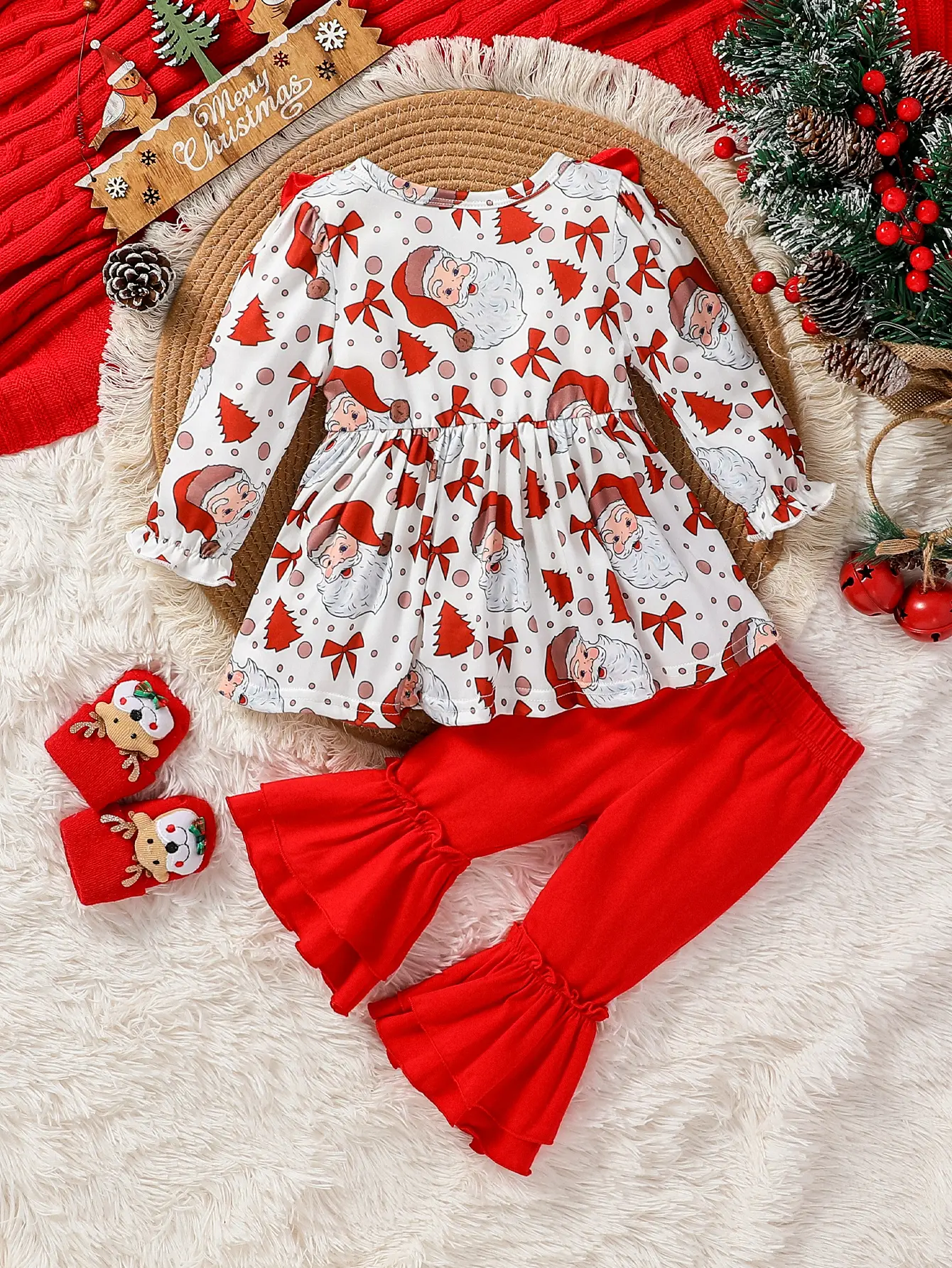 2Pcs Baby Girls Long Sleeve Print Santa Claus With Bow Top+  Solid Red Trousers Set For Christmas Outdoor Wear