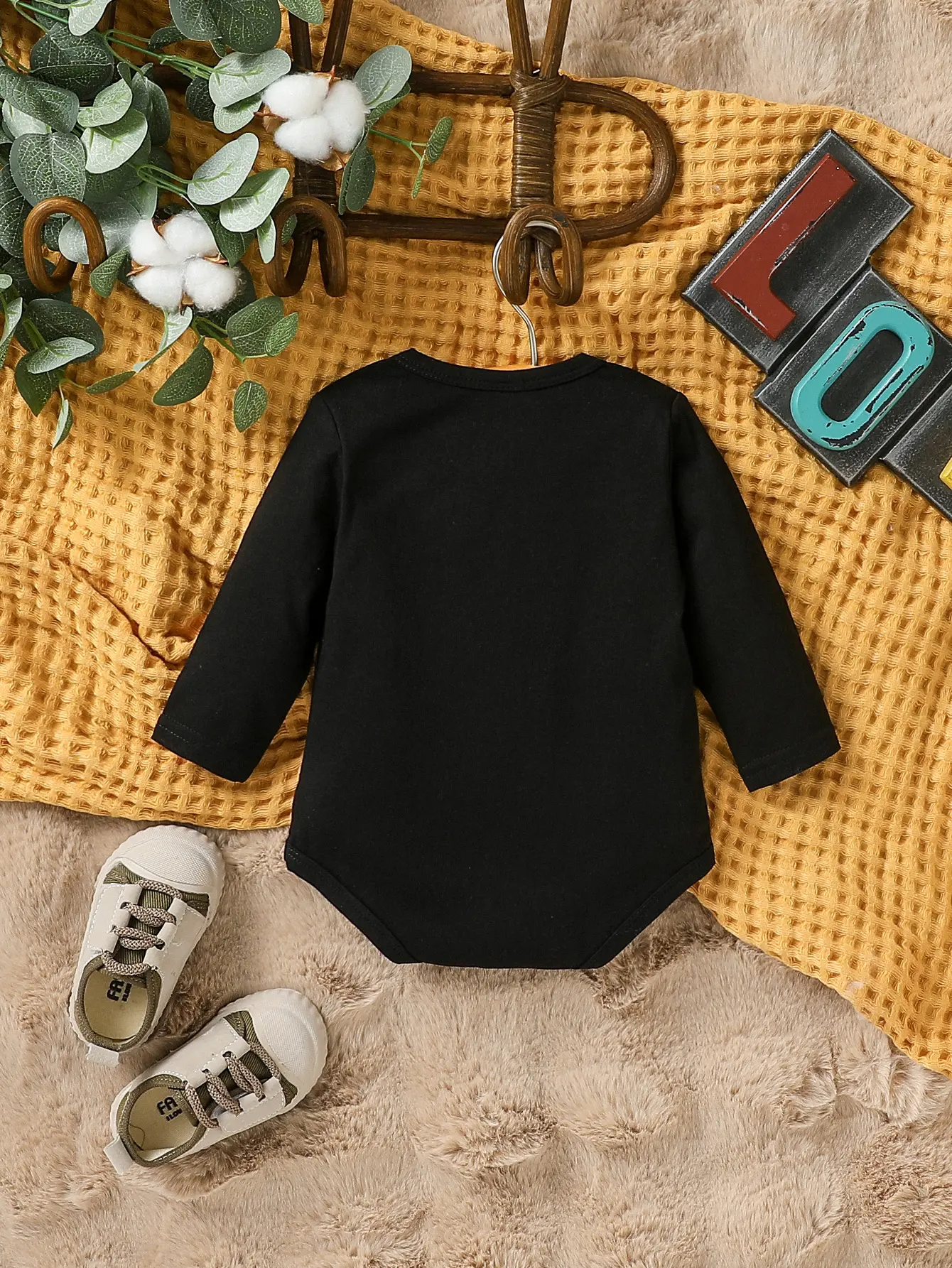 Baby Boys Spring/Autumn Long Sleeve Black Print Letter Fashion Triangle Jumpsuit Daily For Newborn-9M
