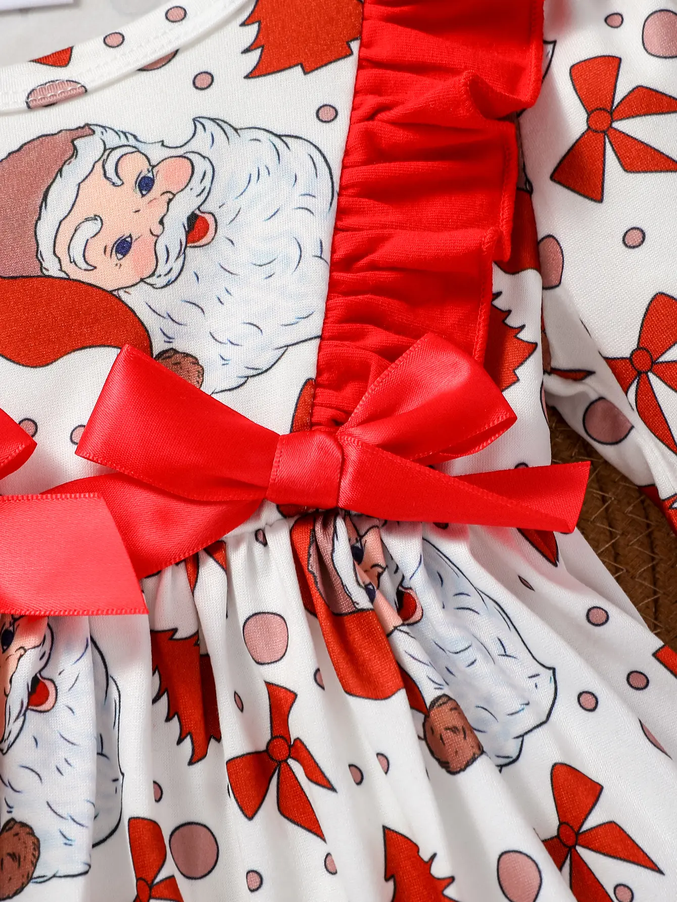 2Pcs Baby Girls Long Sleeve Print Santa Claus With Bow Top+  Solid Red Trousers Set For Christmas Outdoor Wear