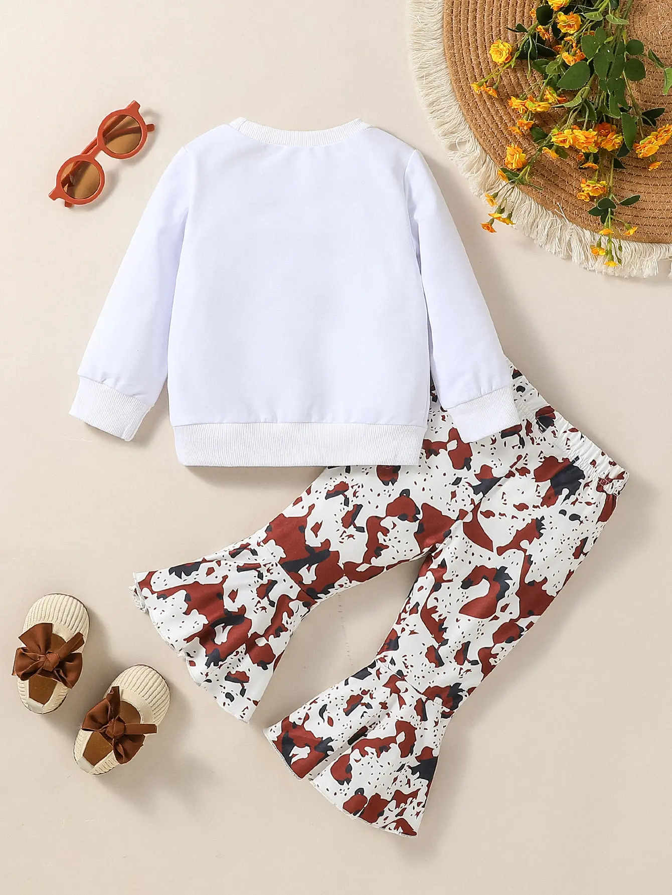 Baby girl White antumn casual chic bow printing two pieces with Long sleeves and Pantsuit For 6M-3Y Clothing