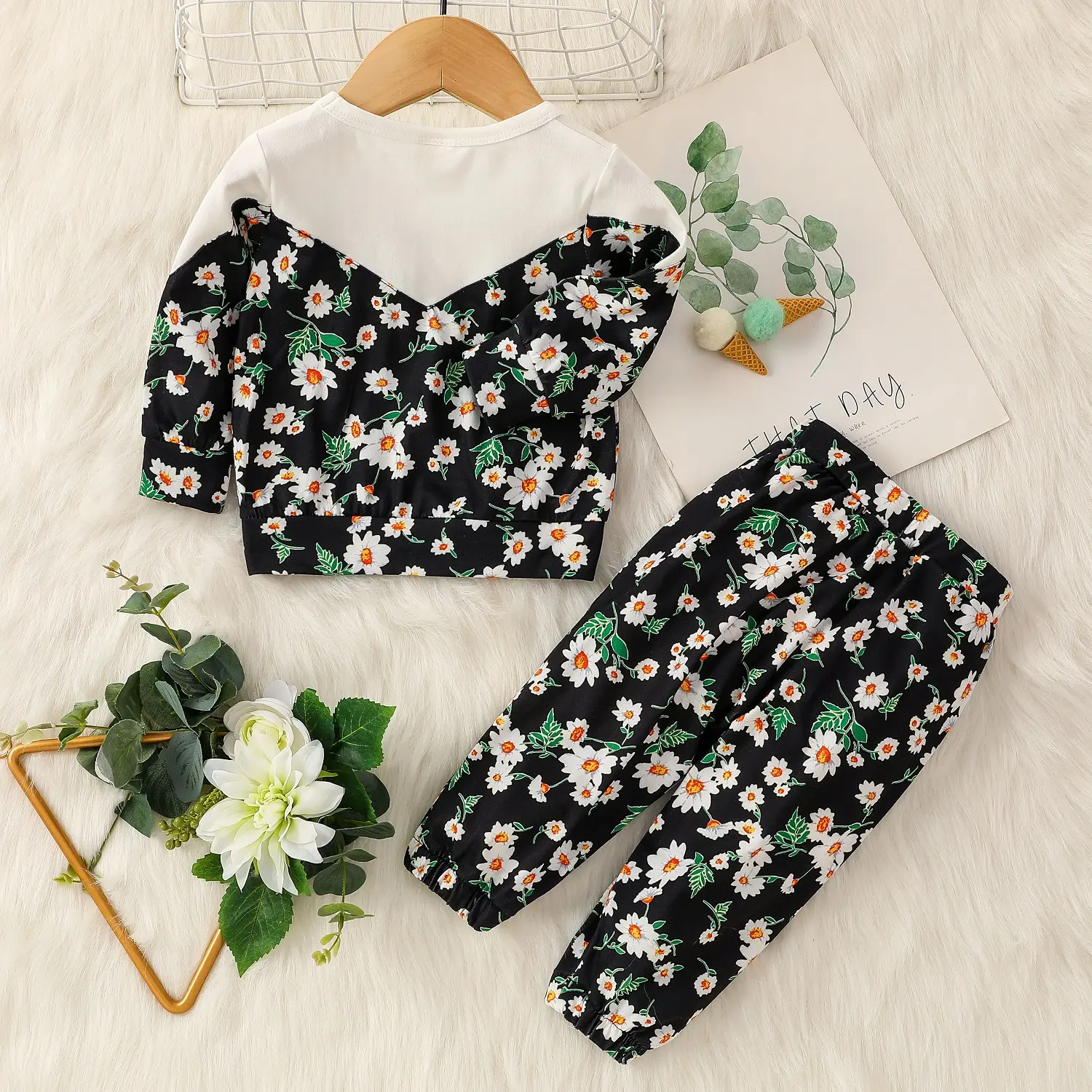 2024 New Fashion Baby girl Fall Daisy Sweatshirt +Pant With All Over Print 2Pcs Pastorale Pantsuit