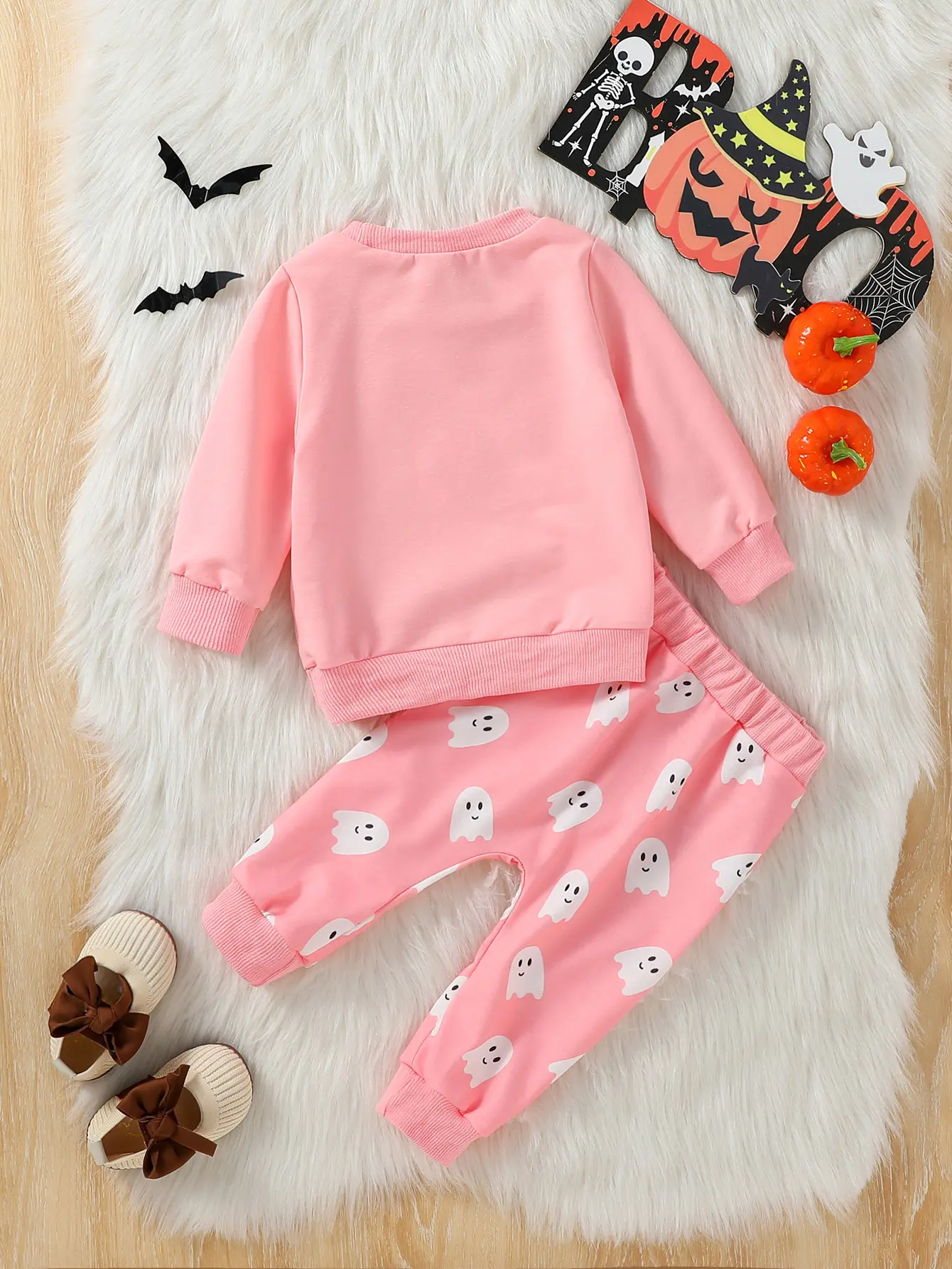 2024 2Pcs Baby Autumn/Winter  Gilrs Pink Long Sleeve Print Ghost Sweatshirt Set For Halloween Day Clothing