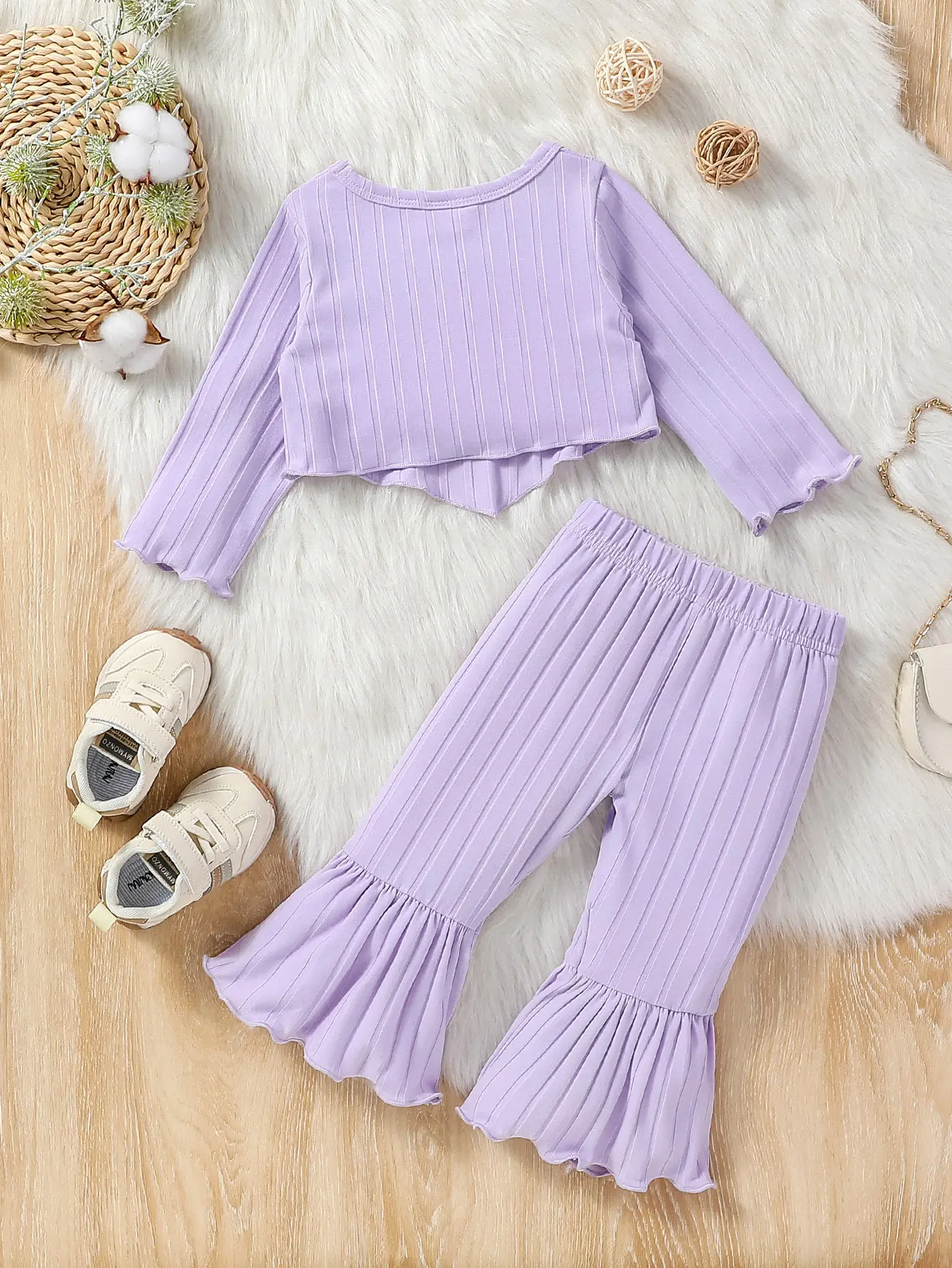 2Pcs Baby Girl Outdoor Fall Clothing Children Fashion Long Sleeve T-shirt + Wide-Leg Flared Pants Solid Suits