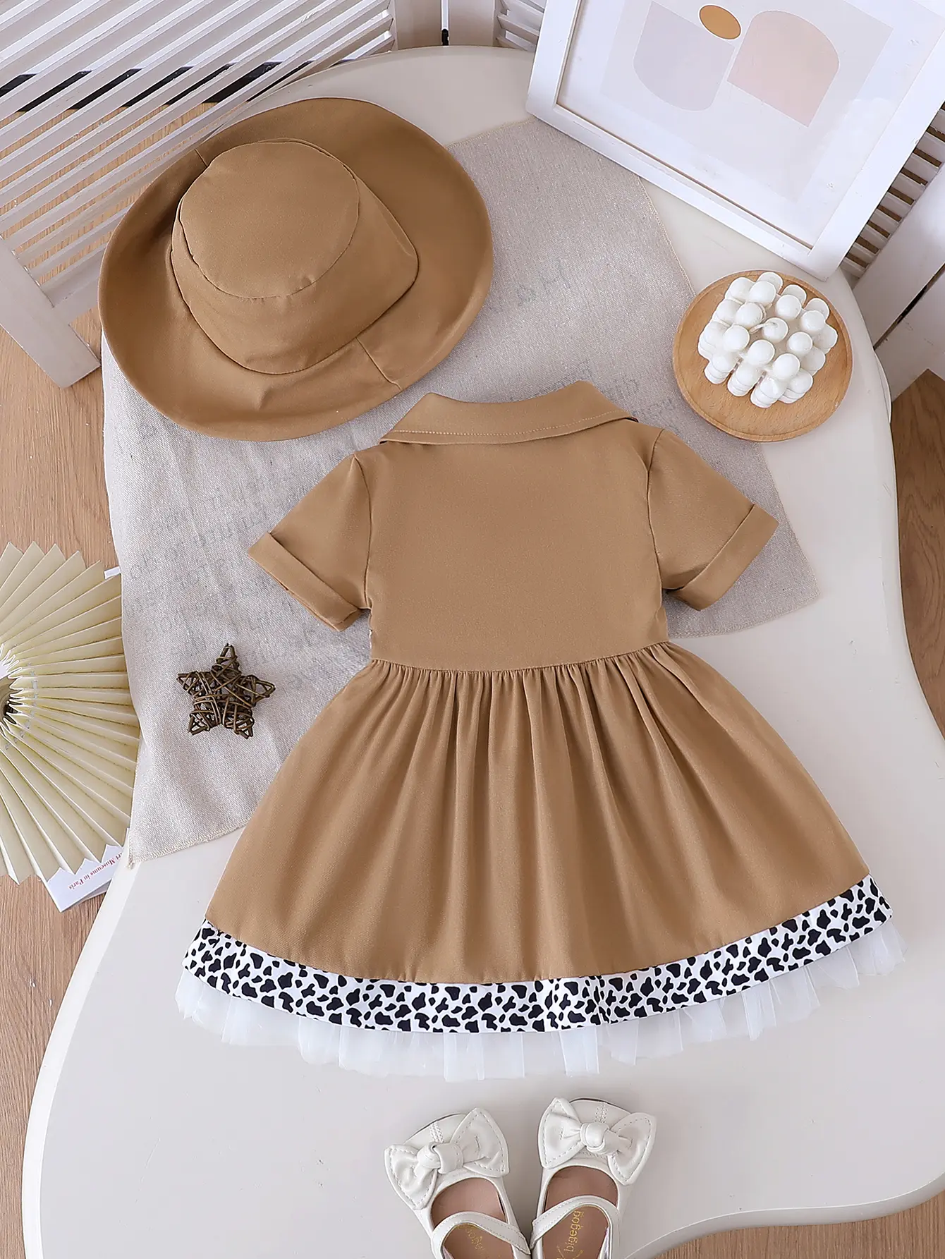2025 Summer New Pure Color Polka Dot Lace-Trimmed Casual Versatile Dress with Pure Color Sun Hat Two-Piece Set