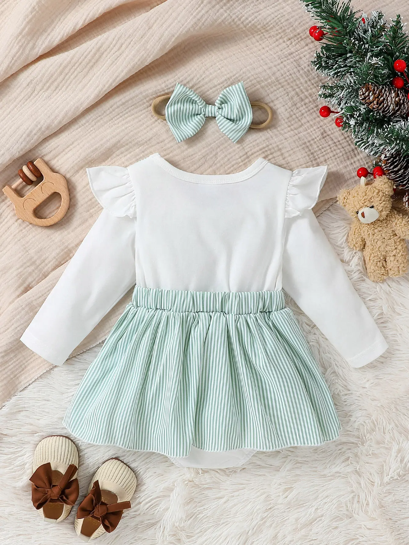 2Pcs 2024 Baby Gilrs Long Sleeve Fall Stamp Type Bear Cute Jumpsuit With Bow For Casual Daily Wear Romper +Headband