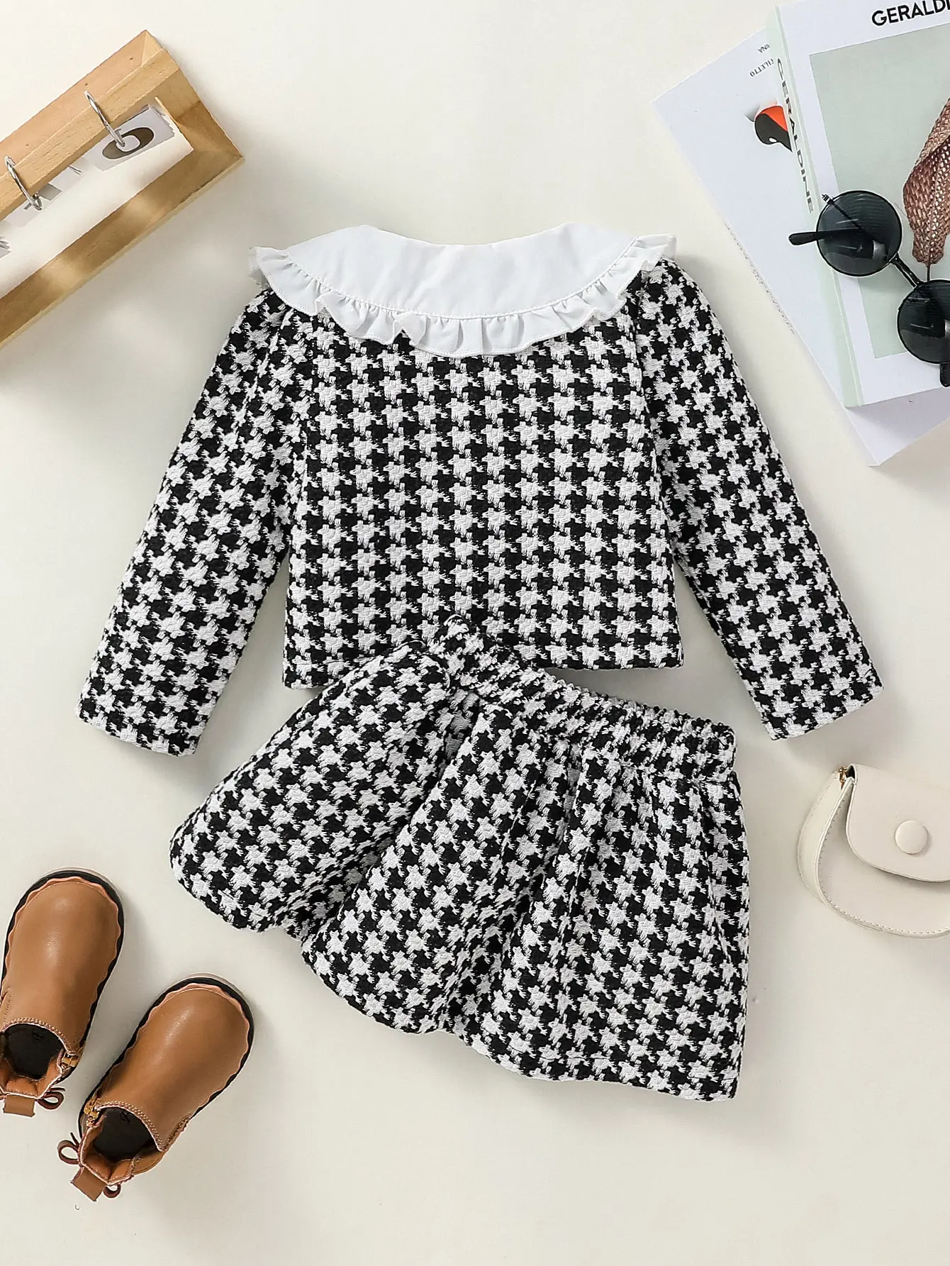 2Pcs Baby Preppy Style Honey Girls Autumn /Winter Turn-down Collar Plaid Coat and Skirt Set For Vacation Outdoor Wear Clothing