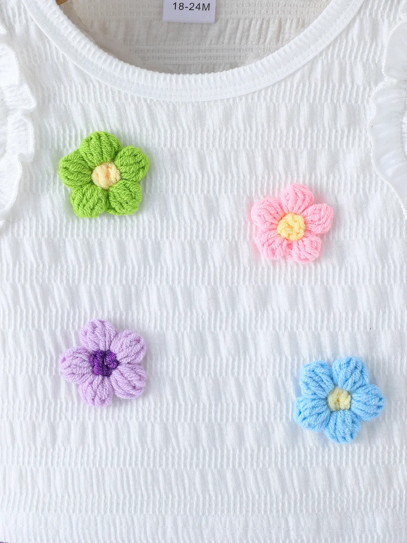 New Arrival Children’s Girls 3D Flower Patchwork Wood Ear Collar Vest Top with Ruffle Seashell Stripe Shorts Set