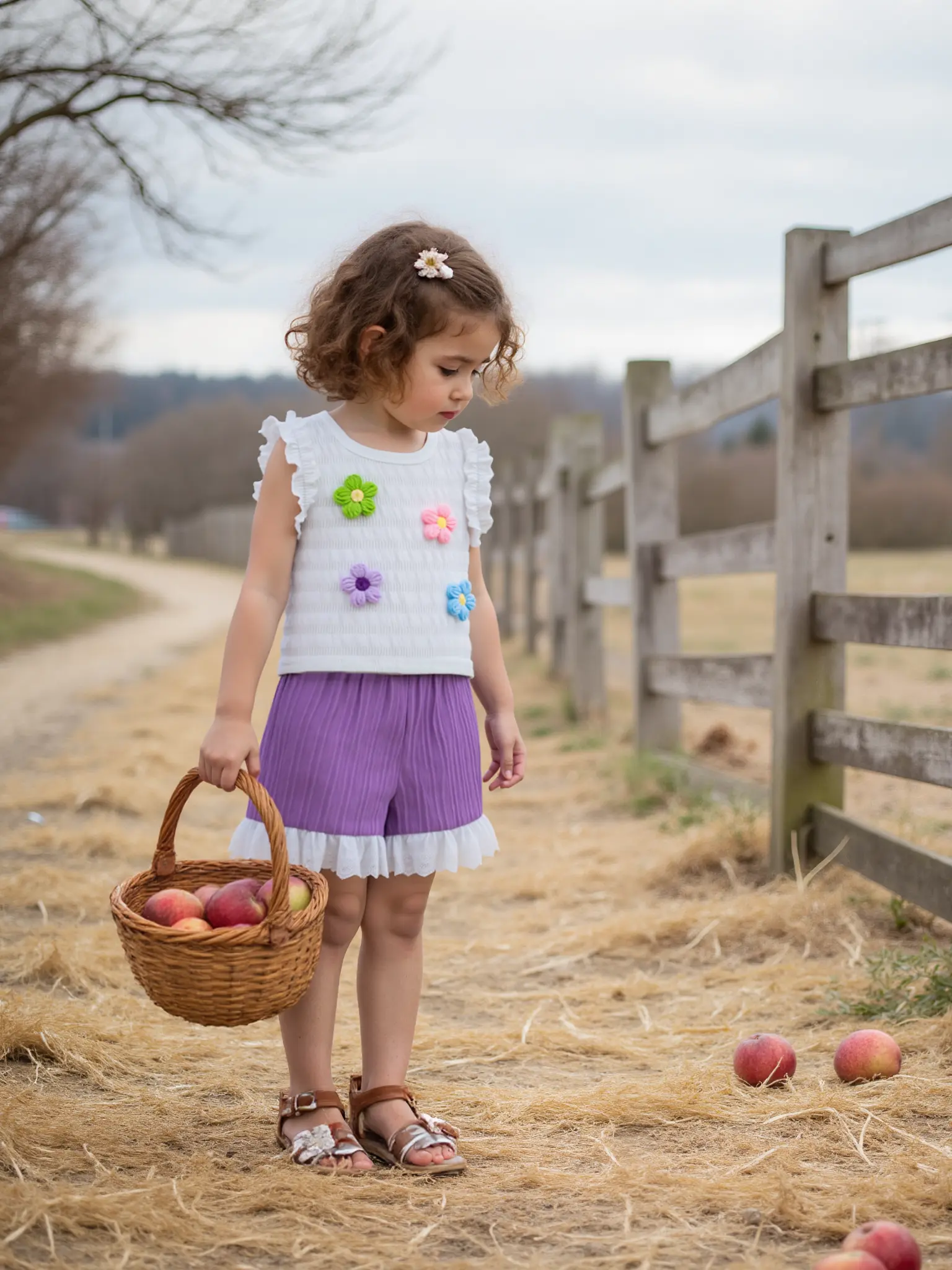 New Arrival Children’s Girls 3D Flower Patchwork Wood Ear Collar Vest Top with Ruffle Seashell Stripe Shorts Set