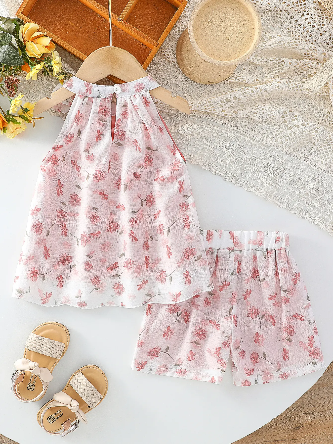 2PCS toddler girl clothes Sleeveless Print Floral Top With Bow+ Print Floral shorts set Summer New Style children clothes