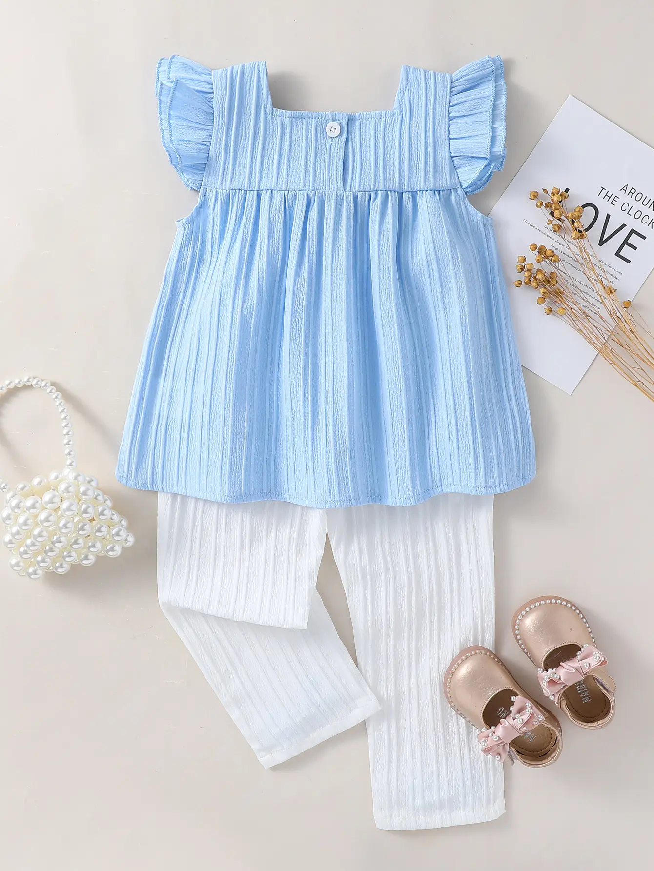 Children Clothes Sets For 1-6Y Summer Sleeveless With Flower Sea wave strip Top& Solid Long Pants Casual Clothes Suit