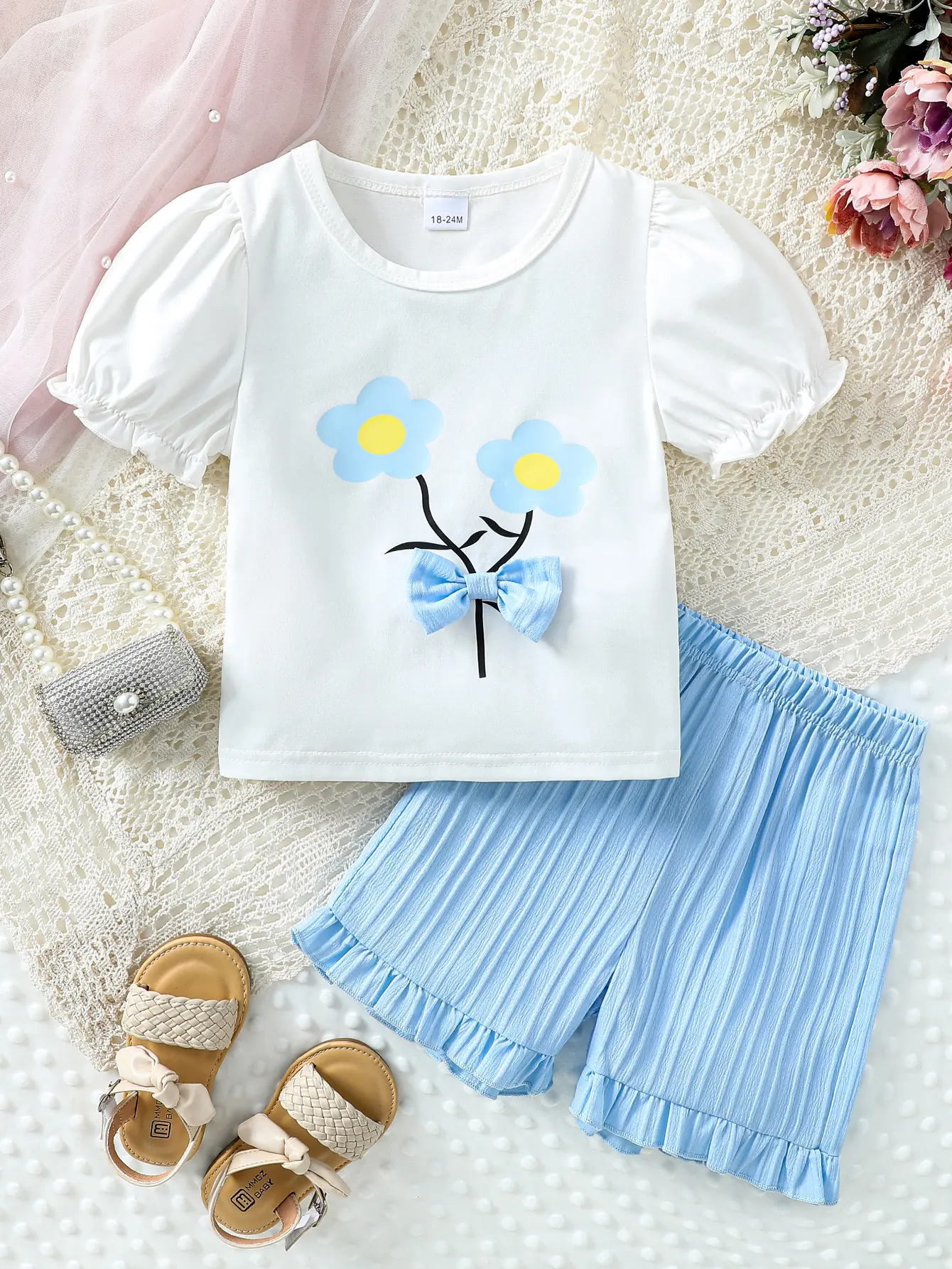 Children’s 2025 New Summer Printed Bowknot Short-sleeve T-shirt with Solid-color Shorts Fashionable and Versatile Two-piece Set