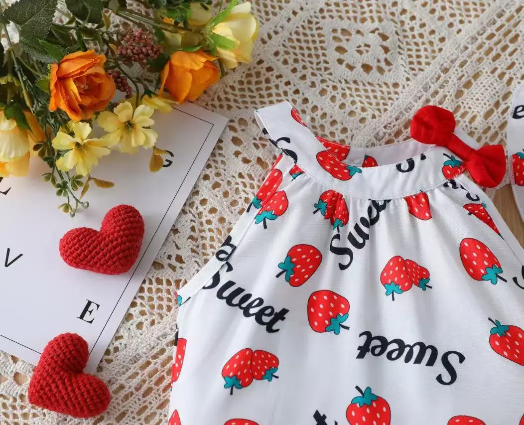 A Fashionable Summer Strawberry-Printed Off-Shoulder Crop Top, Mini Skirt, and Hat Set in a Sweet and Cute Style