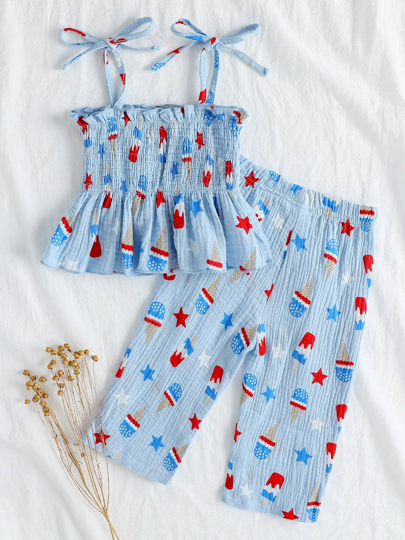 2025 Summer European and American Style Ice Cream Print Girls’ Set: Children’s Bow Strap Tank Top and Pants
