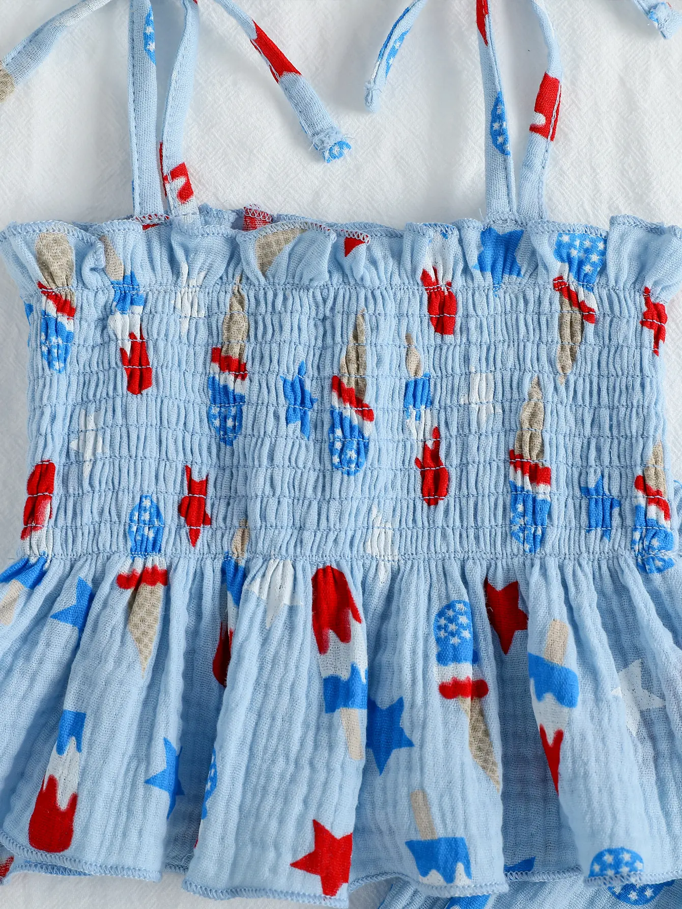 2025 Summer European and American Style Ice Cream Print Girls’ Set: Children’s Bow Strap Tank Top and Pants