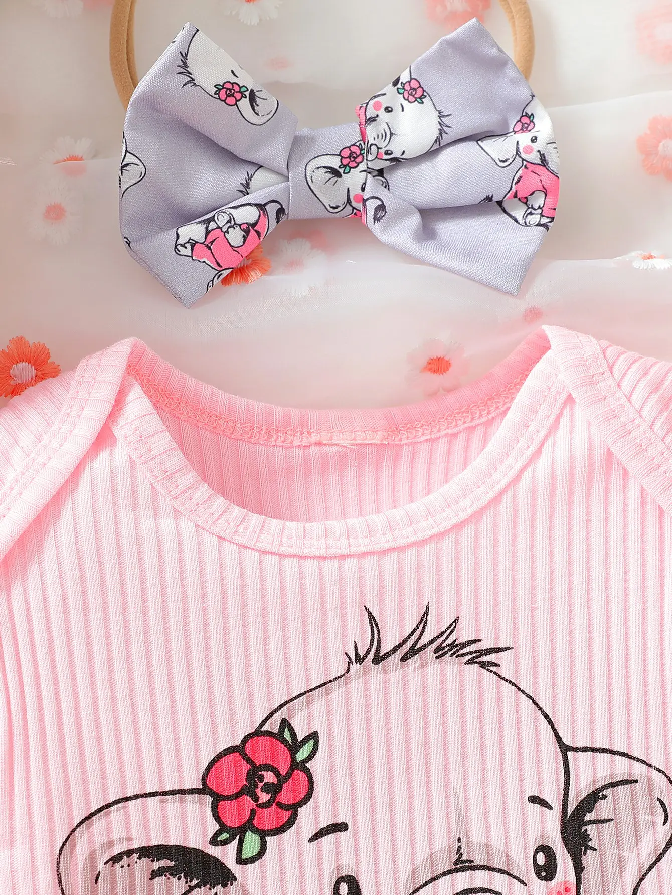 2025 New Summer Elephant Print T-shirt with Matching Headband and Overalls for Baby Girl, Casual and Versatile Three-piece Set