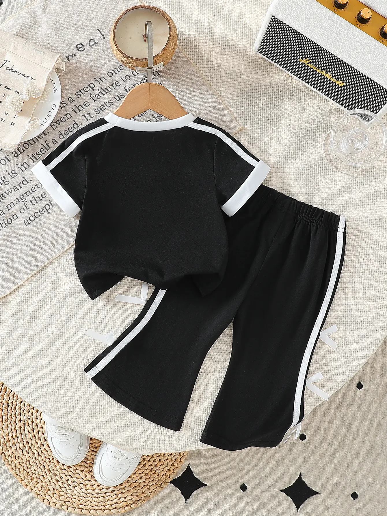 2025 Summer New Solid Color Bowknot Short-Sleeved T-Shirt and Solid Color Flared Long Pants Two-Piece Set