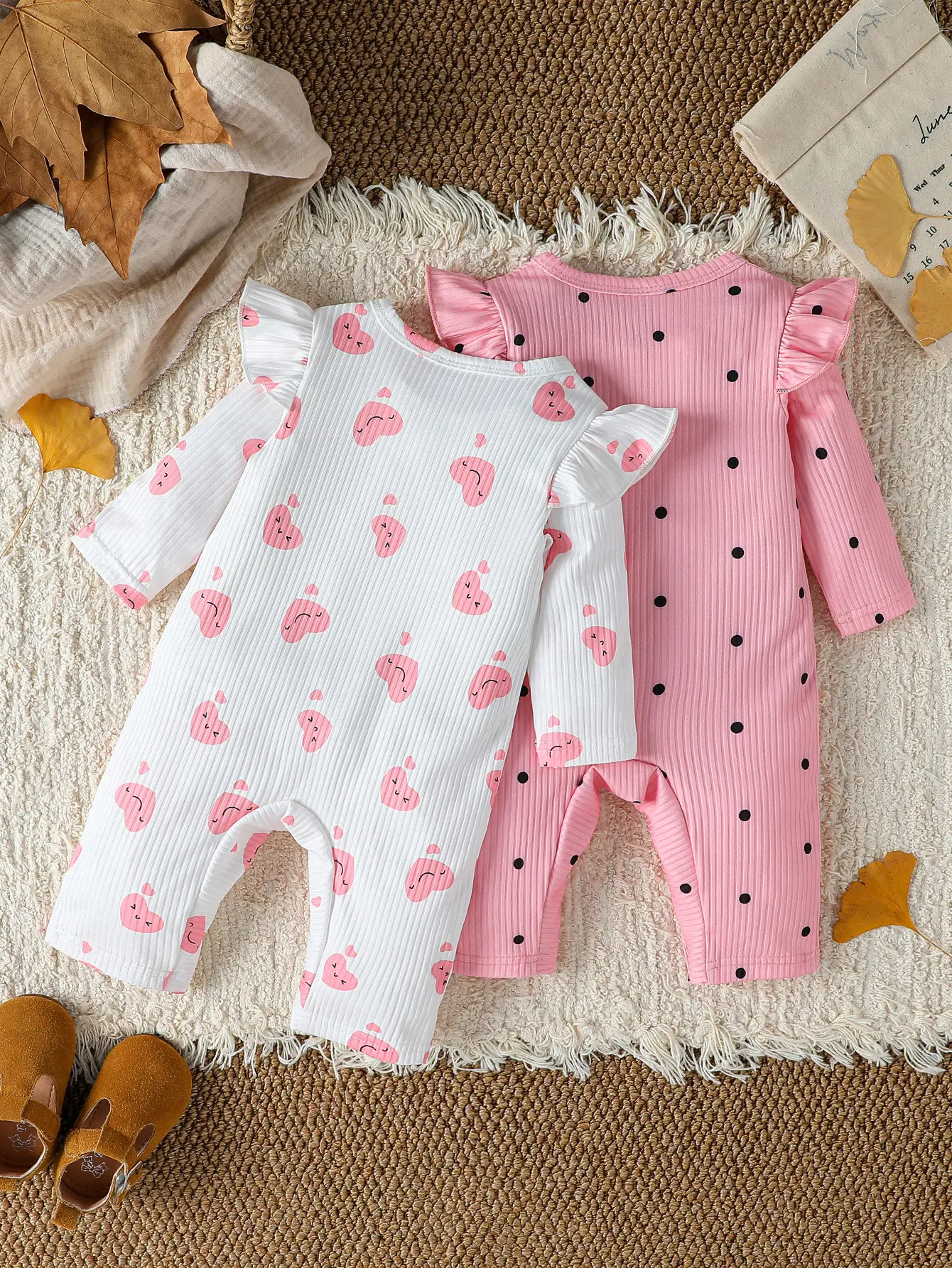 2Pcs Baby Girl Romper Jumpsuit  Autumn Ribbed Ruffle Long Sleeve Heart Print Bodysuit Newborn Infant Girls Cute Daily Clothes