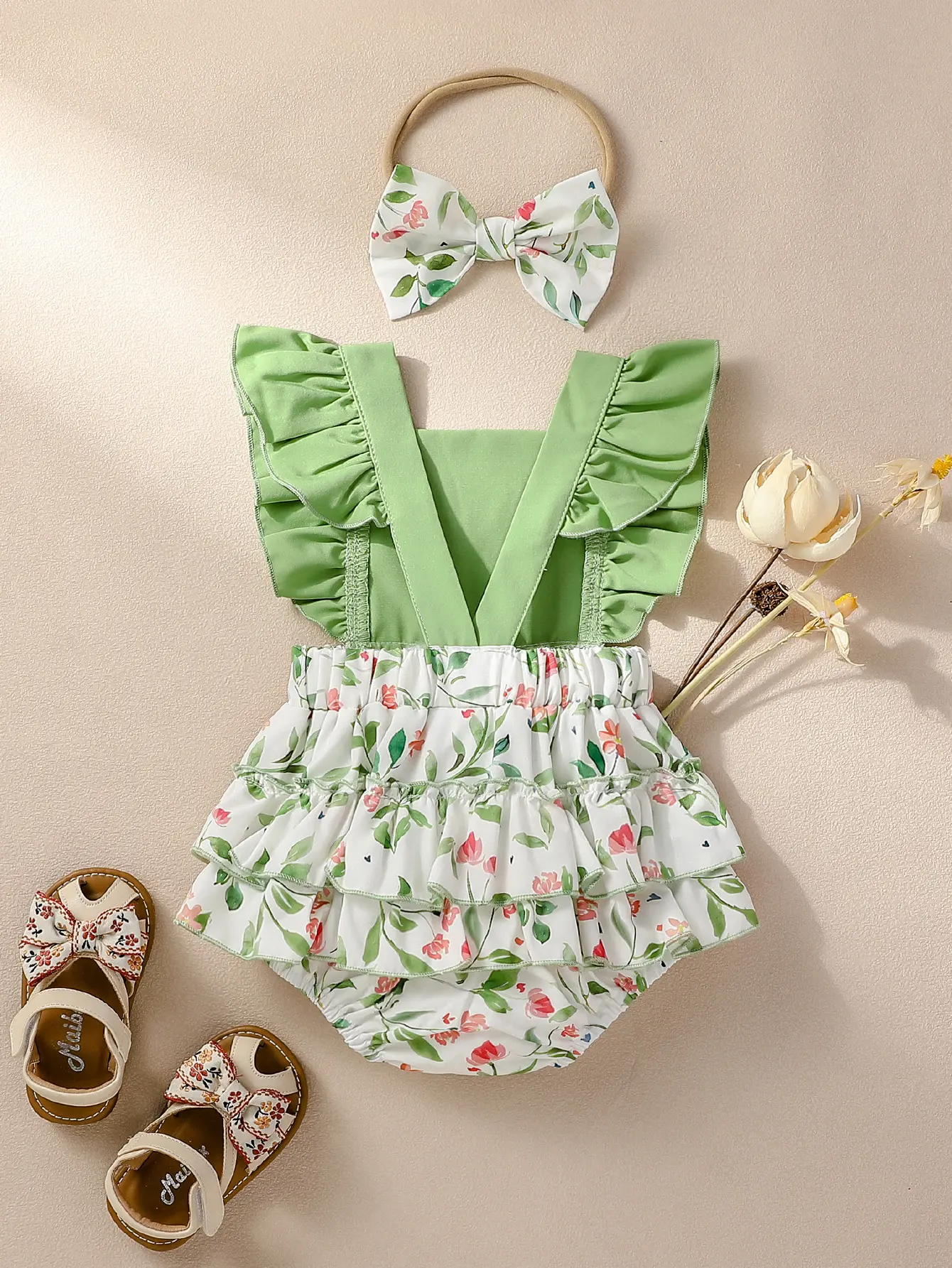 2PCS Baby Girls Sleeveless Print Flower rompers For 0-1Y baby newborn items Casual Jumpsuit +Headband