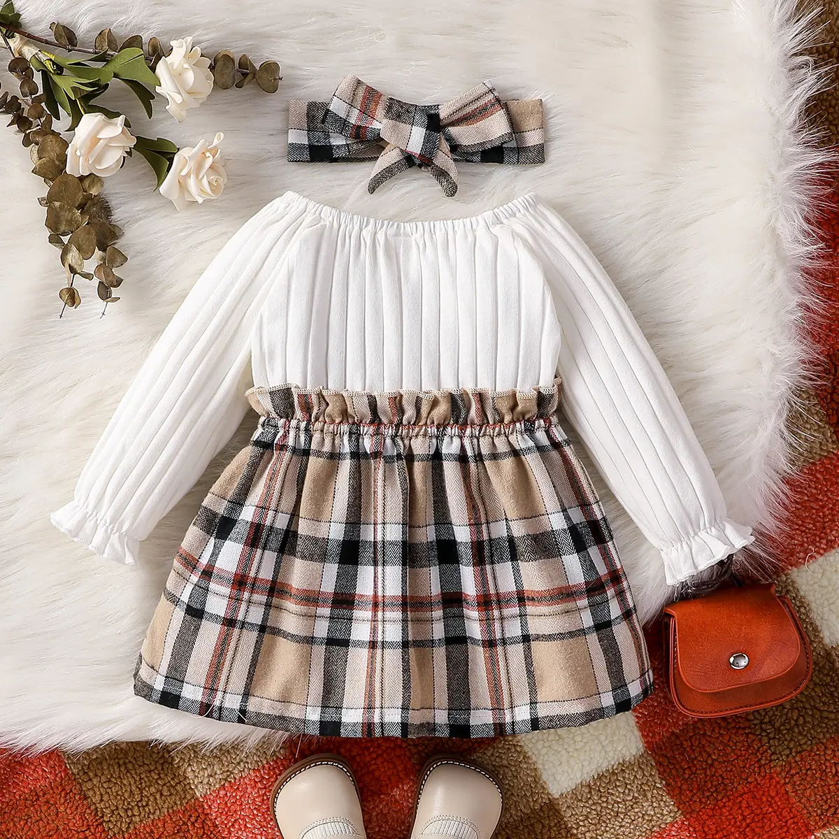 Baby Girls Autumn/Spring Long Sleeve With Bow Elegant Plaid  Streetwear Dress+headband