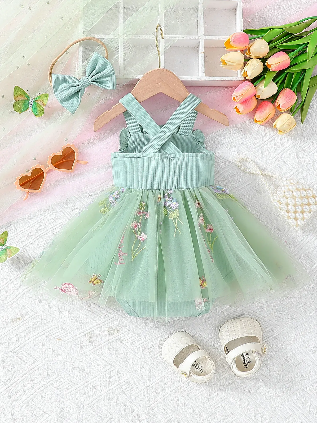 2025 Summer Baby Girl Netted Dress with Korean Style 3D Flower Embroidery Straps and Matching Headband 2-Piece Set
