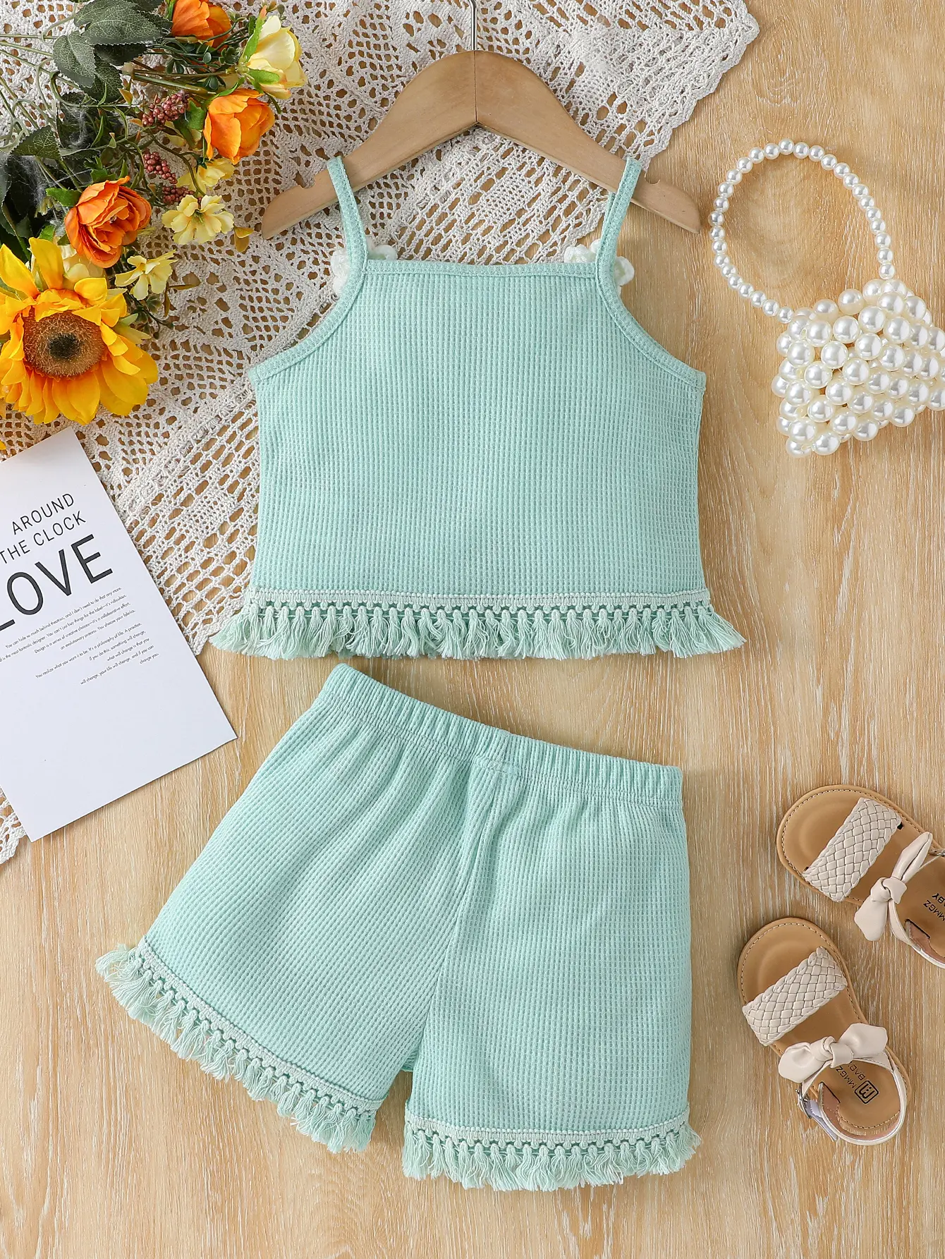 New Arrival Girls’ 3D Mini Flower Tassel Vest with Colorful Tassel Shorts Set Sweet and Cute