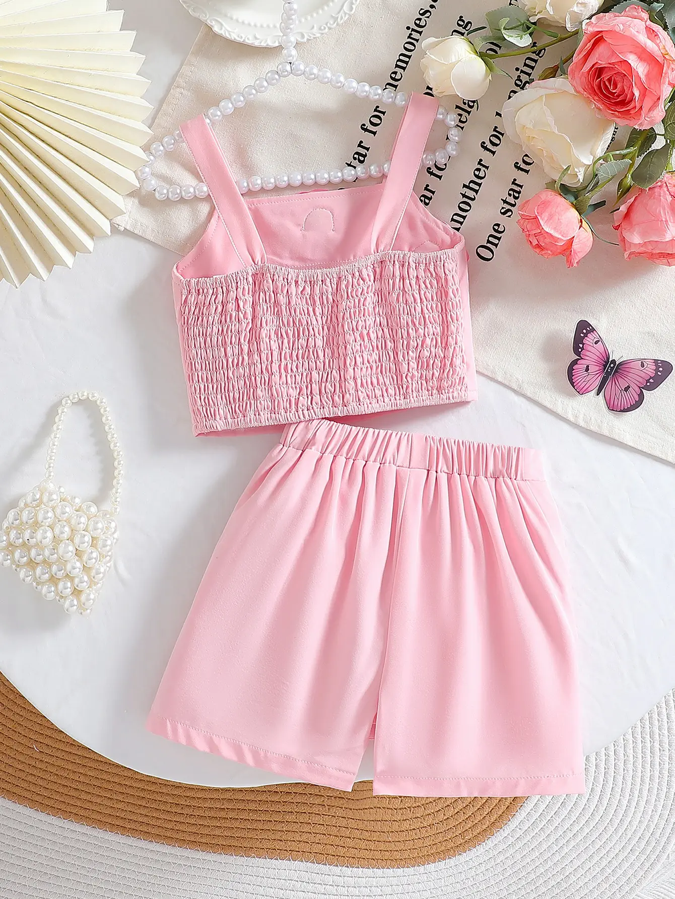 European and American Style Girls’ New Summer Collection: Two-Piece Set with 3D Flower Strap Tank Top and Slit Skirt-Pants