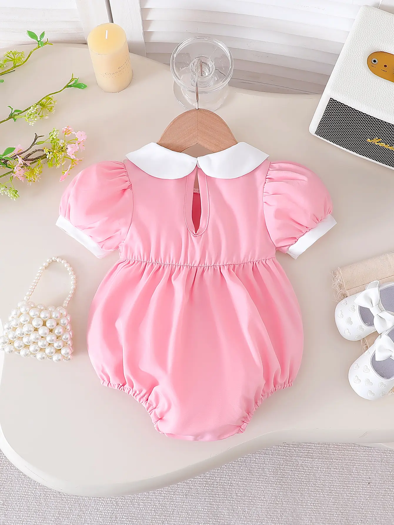 2025 Summer New Bow Solid Color Short-Sleeved Cute and Sweet Jumpsuit