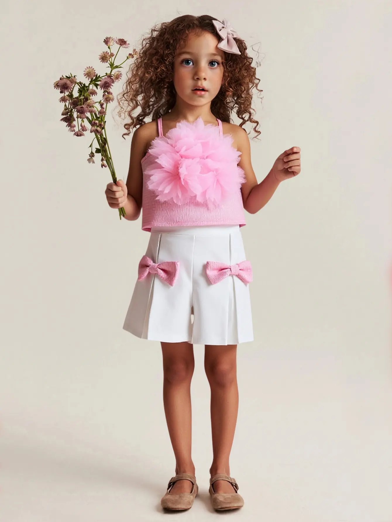 2Pcs Girls Summer Fashion Sleeveless Square Neck Pink Tops With Flower + Solid Shorts Pants Set For Kids Active Suit Clothes
