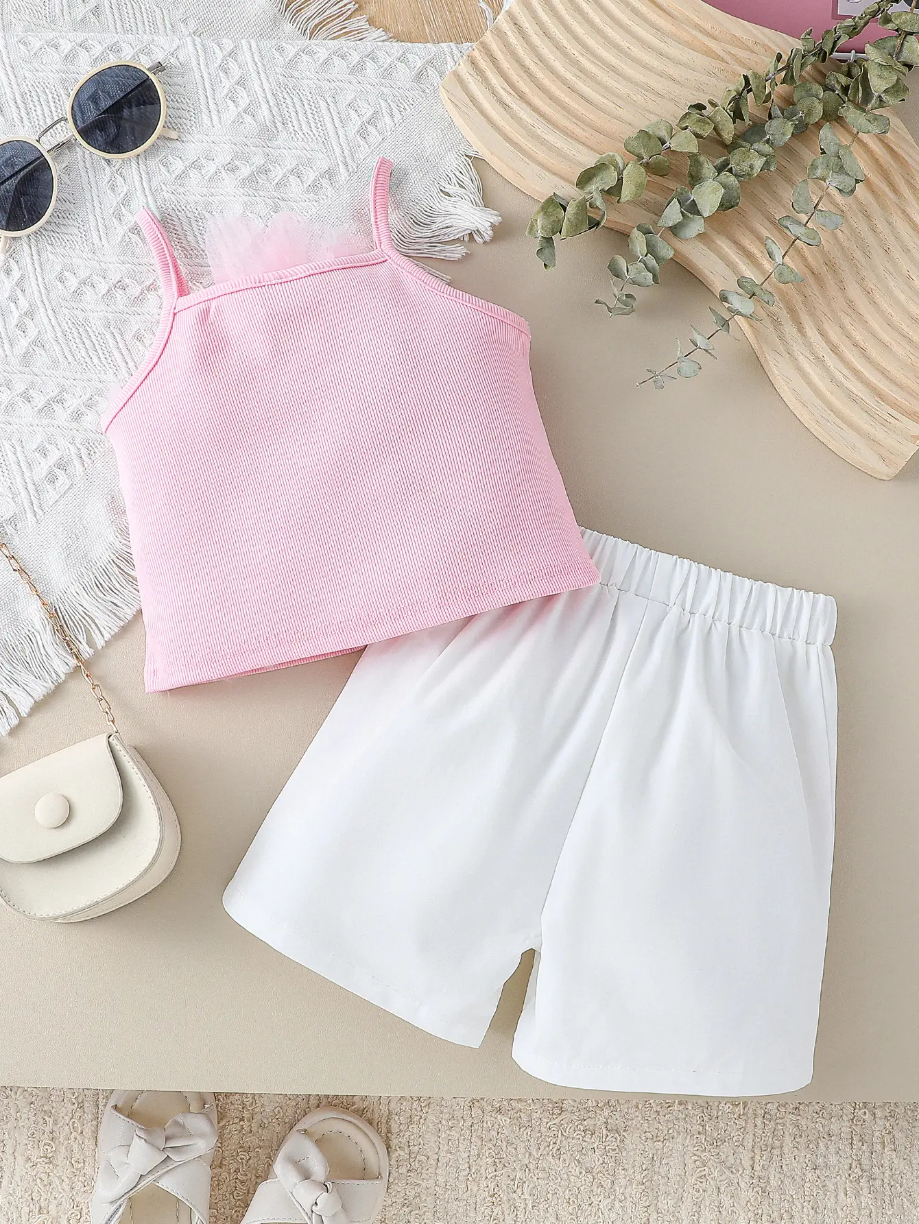 2Pcs Girls Summer Fashion Sleeveless Square Neck Pink Tops With Flower + Solid Shorts Pants Set For Kids Active Suit Clothes