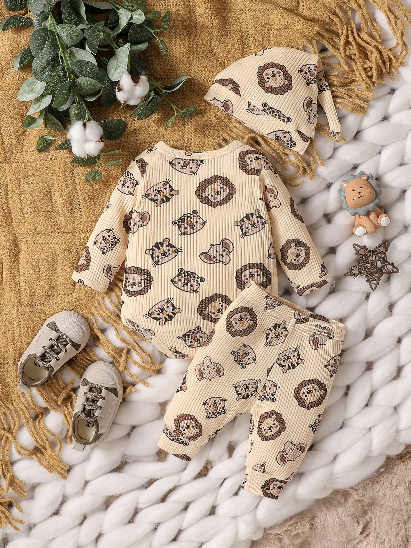 3Pcs Casual Newborn infant Baby Boy Cartoon Animal Clothes Set Long Sleeve Bodysuit Top and Pants +Hat