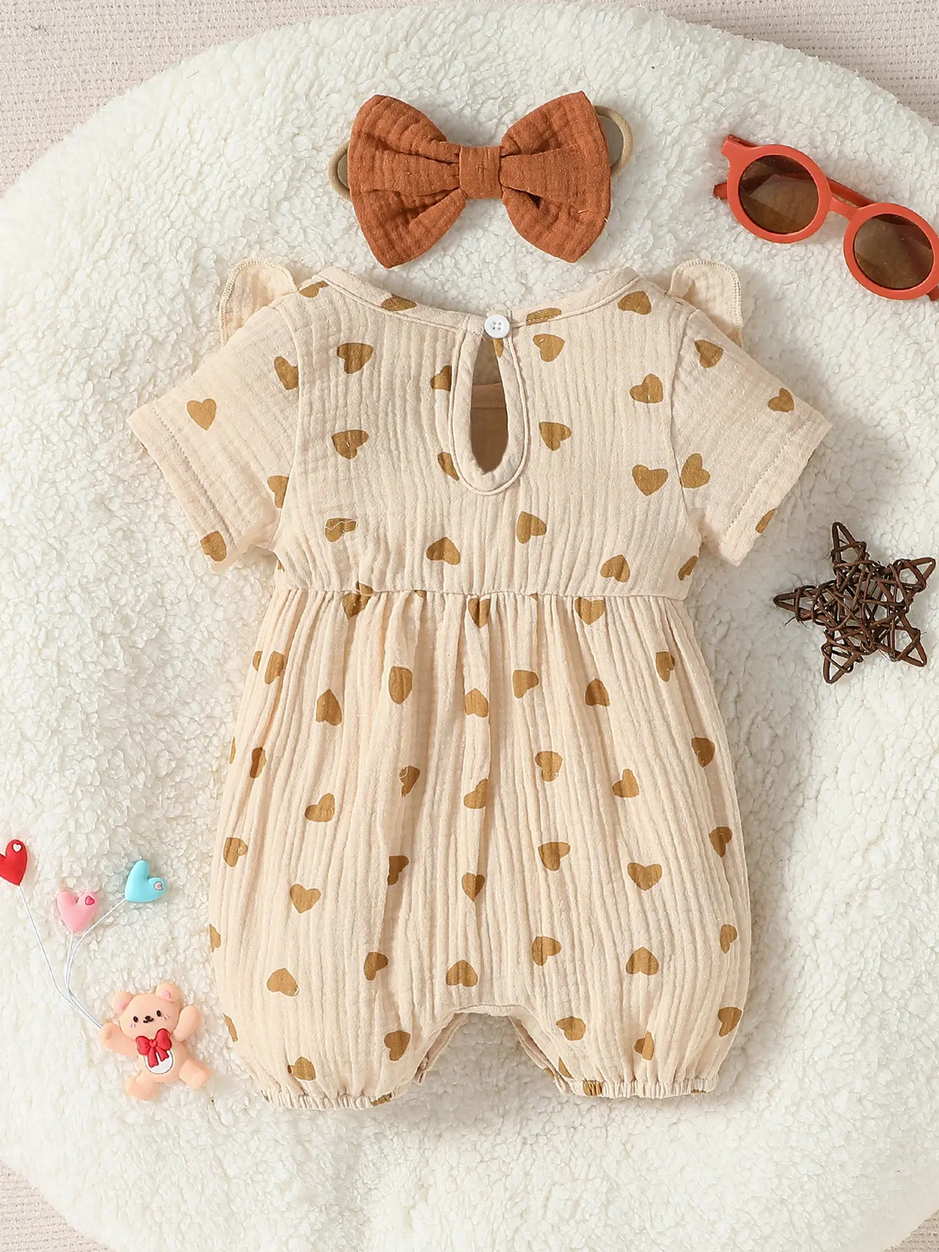 Baby Newborn-9M Short Sleeve Summer 2024 Girl's Print HEART With Bow Jumpsuit Streetwear+Headband