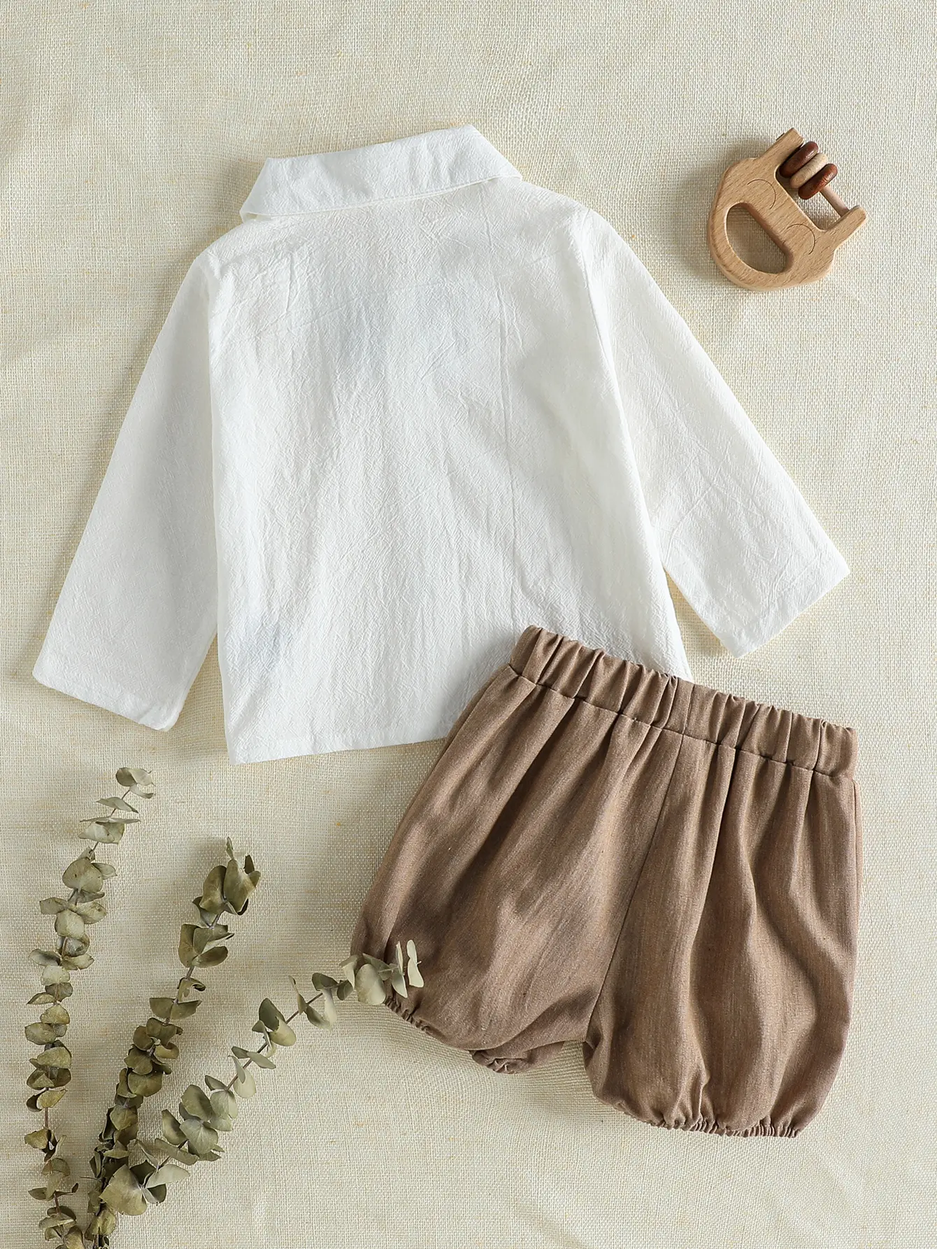 2025 Baby Boy Autumn Pure Color Long-Sleeved Shirt and Shorts Two-Piece Set for 1st Birthday