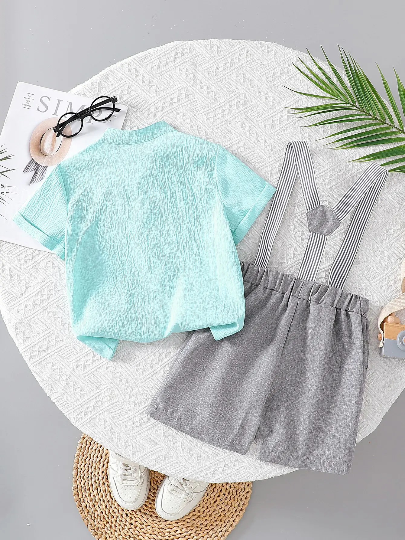 2025 New Summer Solid Color Short-Sleeved Top with Solid Color Overalls Two-Piece Set