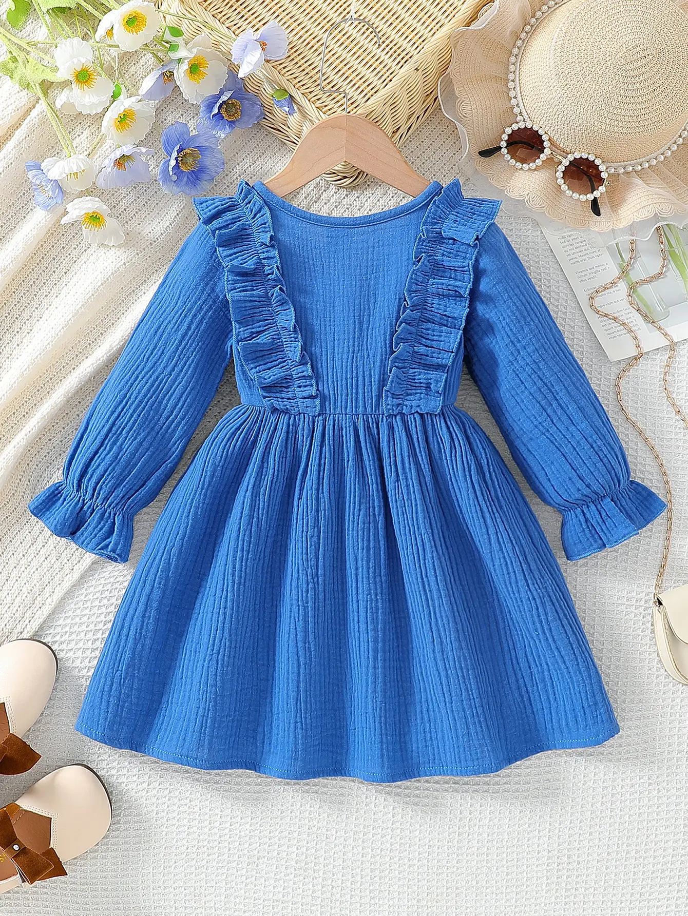Ins Korean Style Children’s Princess Dress for Spring and Autumn, Pure Cotton Long Sleeve Solid Color Dress for Little Girls