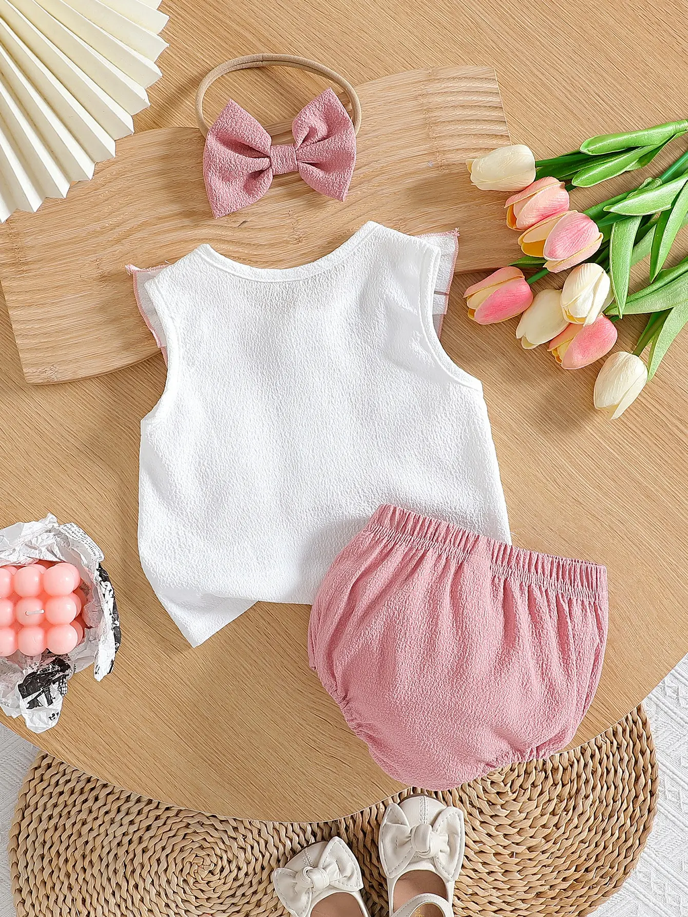 Girls’ Summer 2025 New Fashion Baby Children’s Solid Color Puff Sleeve Top and Shorts Three-piece Set