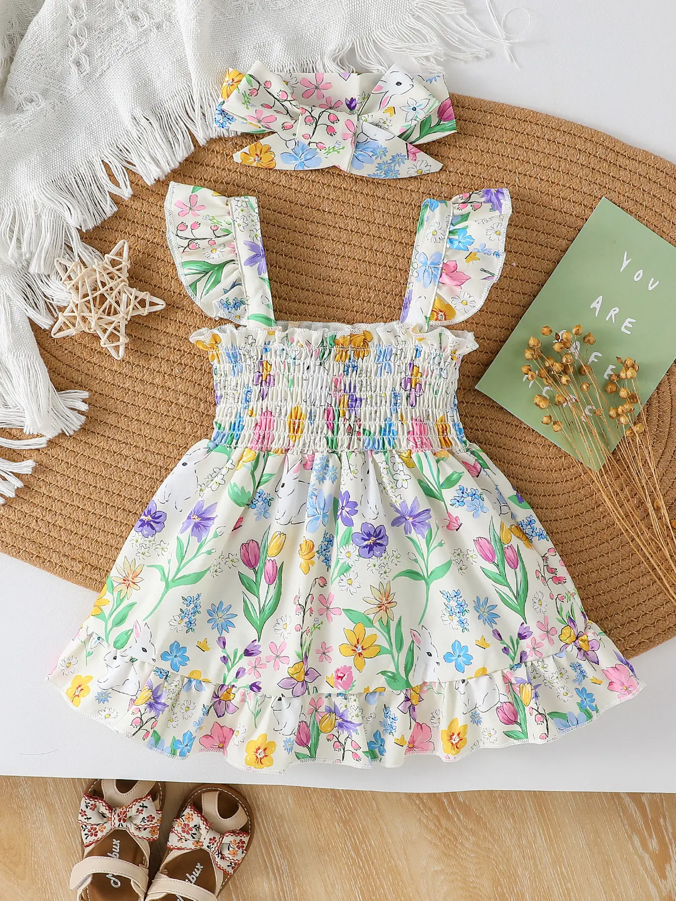 2Pcs Baby Girls Summer Sleeveless Square Neck Printing Flower European and Amrican Style Fashion Dresses + Headband
