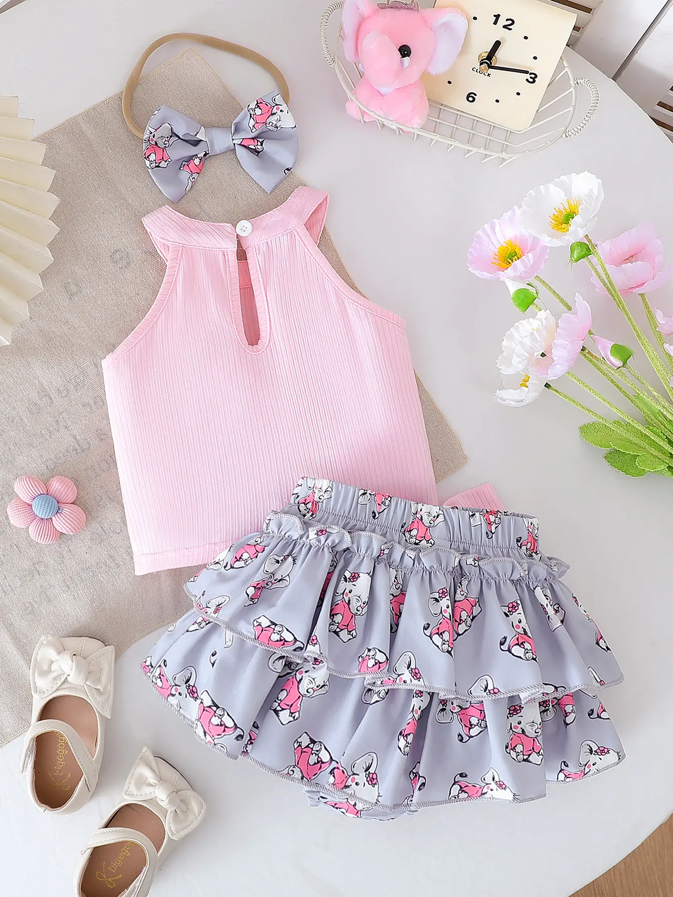 2025 Summer New Elephant Print Sleeveless Top, Elephant Print Bow Pleated Skirt and Headband Three-Piece Set