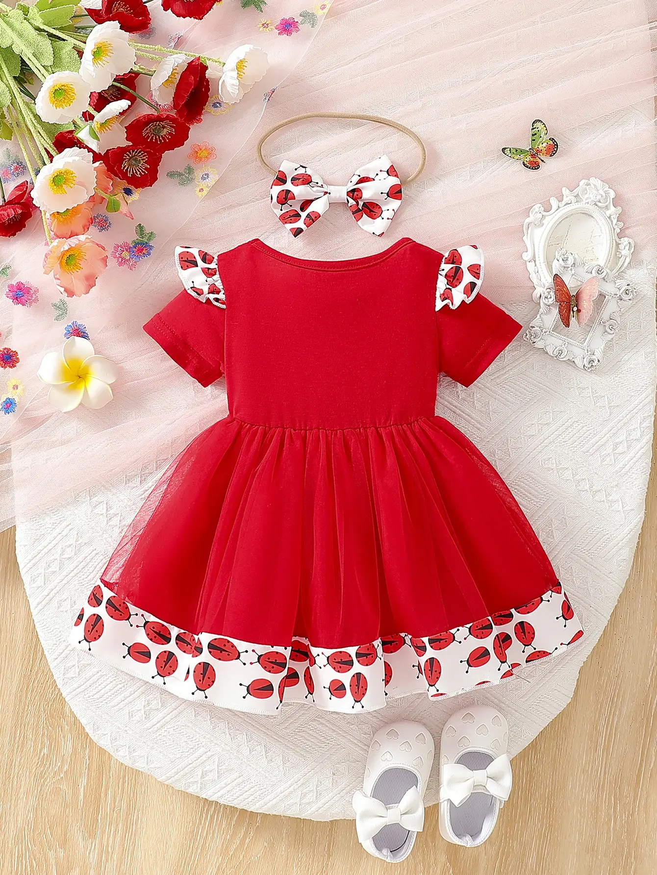 2025 Summer New Beetle Pattern Lace Short Sleeve Same Pattern Headband Dress