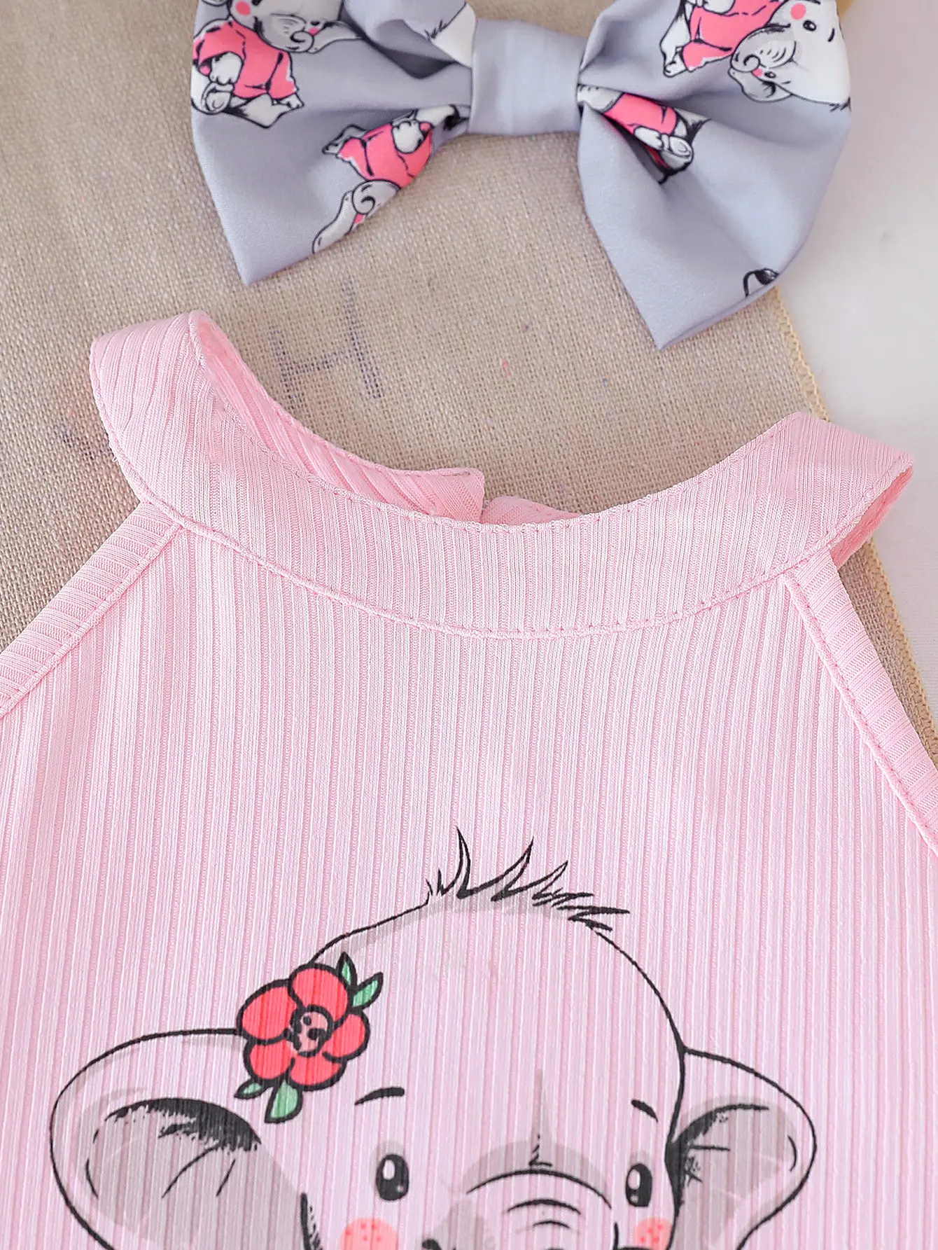 2025 Summer New Elephant Print Sleeveless Top, Elephant Print Bow Pleated Skirt and Headband Three-Piece Set
