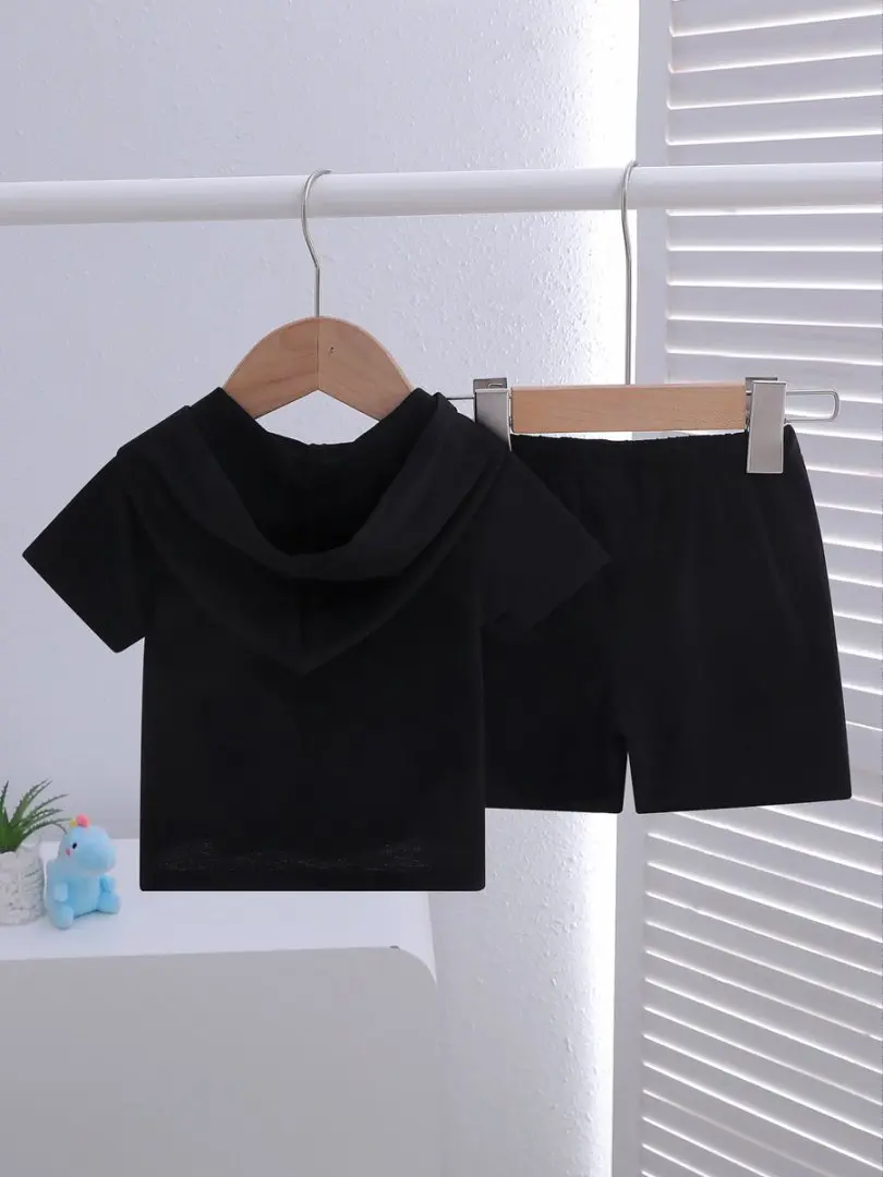 2025 New Summer Dinosaur Print Short-Sleeve Hooded T-Shirt and Solid Color Printed Shorts Casual Two-Piece Set