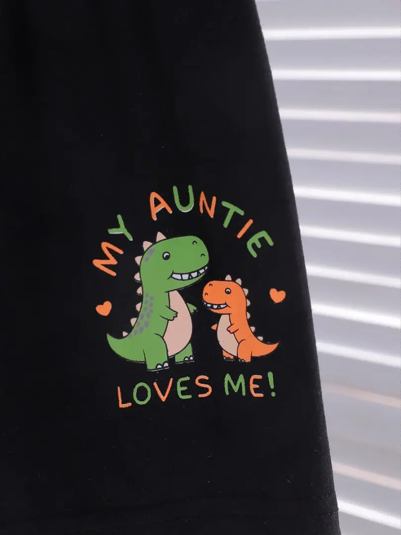 2025 New Summer Dinosaur Print Short-Sleeve Hooded T-Shirt and Solid Color Printed Shorts Casual Two-Piece Set
