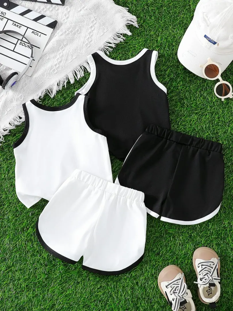 Children’s Vest Suit Set 2025 Summer Boys Japanese Trendy Sleeveless T-Shirt Solid Shorts Girls Four-Piece Set