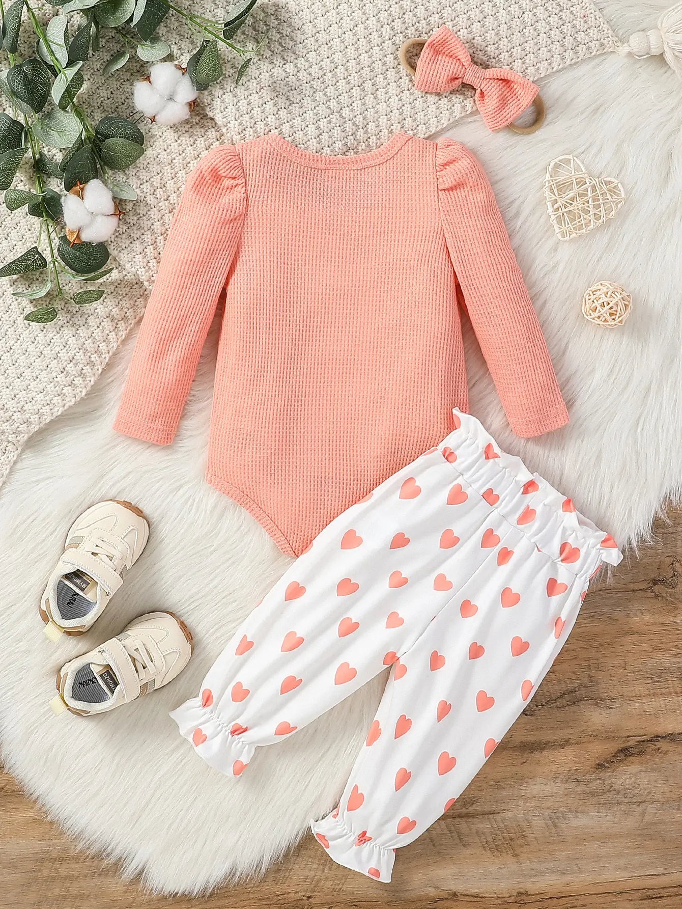 3Pcs Baby Girls Fall Solid Long Sleeve Romper& Print Heart With Bow Trousers For Newborn-18M Casual Daily Set+Headband