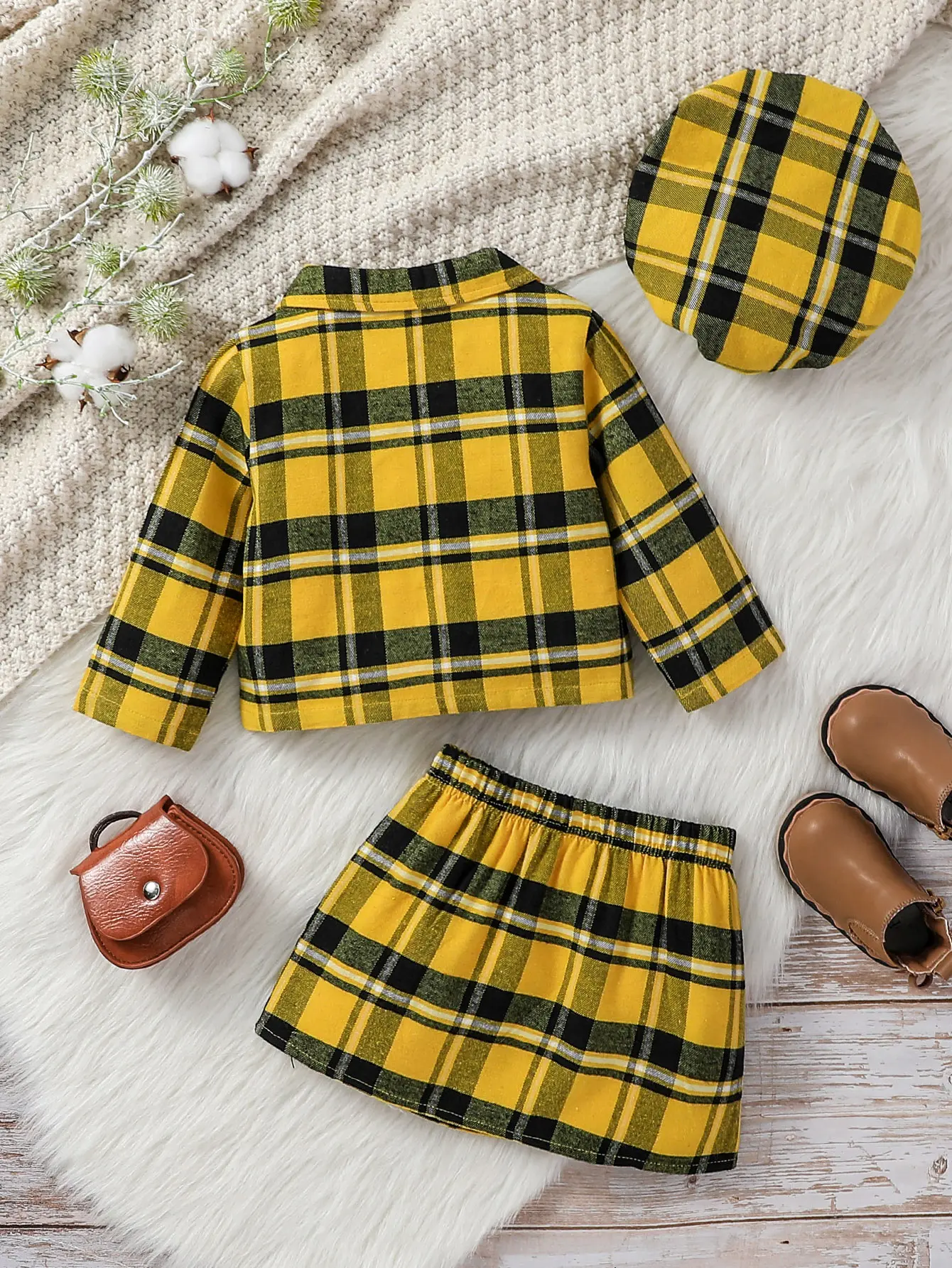 3Pcs Baby Girl Fall 2024 Fashion Plaid Long Sleeve Jacket & Skirt For Streetwear Vacation Set Clothing +Hat