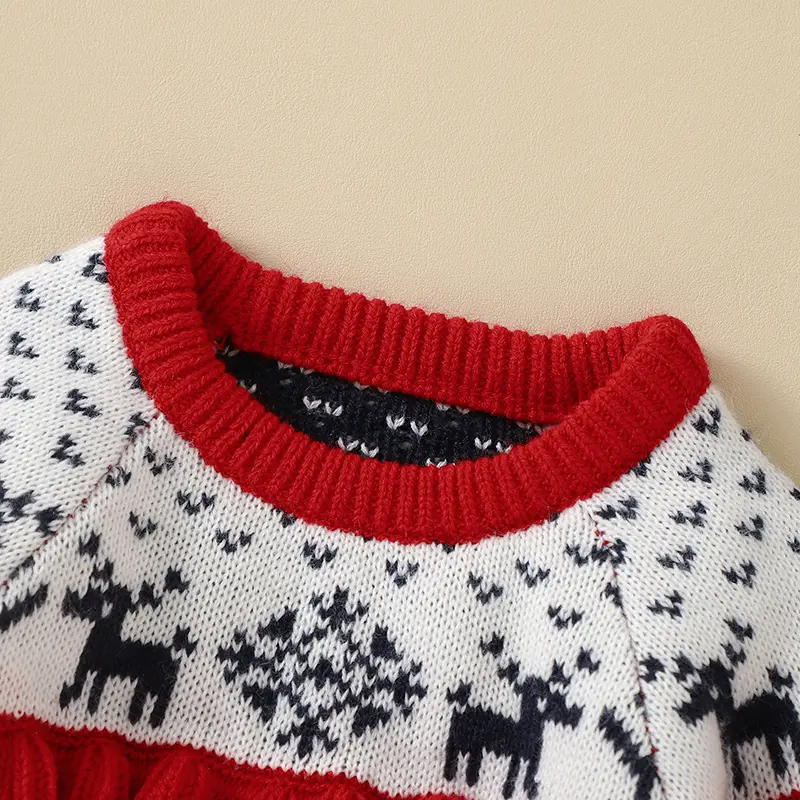 Breathable Winter Red Christmas Spirit Ruffle Baby Girls 6-36 M Sweatshirt Knitted Acrylic Long Sleeve Infant Sweater Pullovers