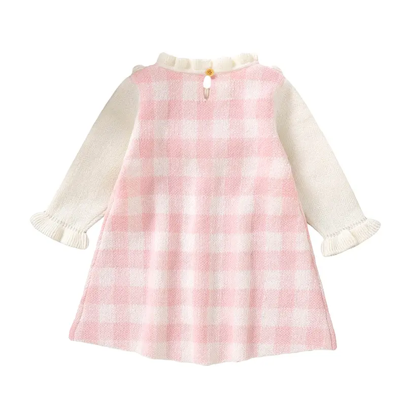 Sweet Long Sleeve Plaid Knee-length Baby Girls Pink Dresses Formal Wear Knitted Polyester Baby One-piece A-line Dresses