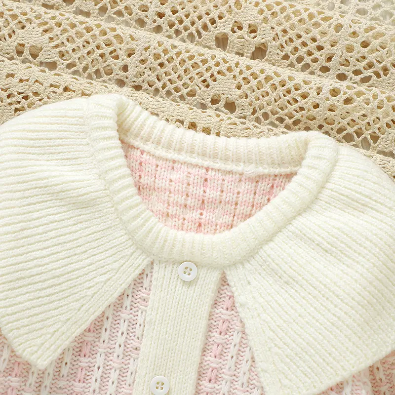 Soft Texture Turn-down Collar Long Sleeve Baby Girls Cardigan Knitted Acrylic Baby Beige Coat Fall & Winter Infant Overcoat