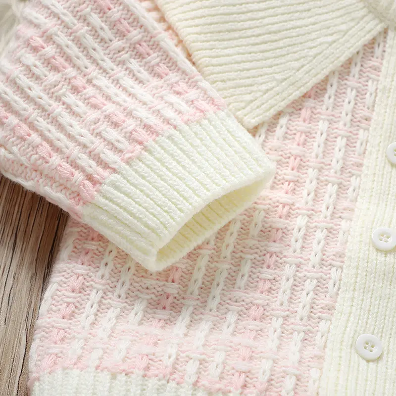 Soft Texture Turn-down Collar Long Sleeve Baby Girls Cardigan Knitted Acrylic Baby Beige Coat Fall & Winter Infant Overcoat