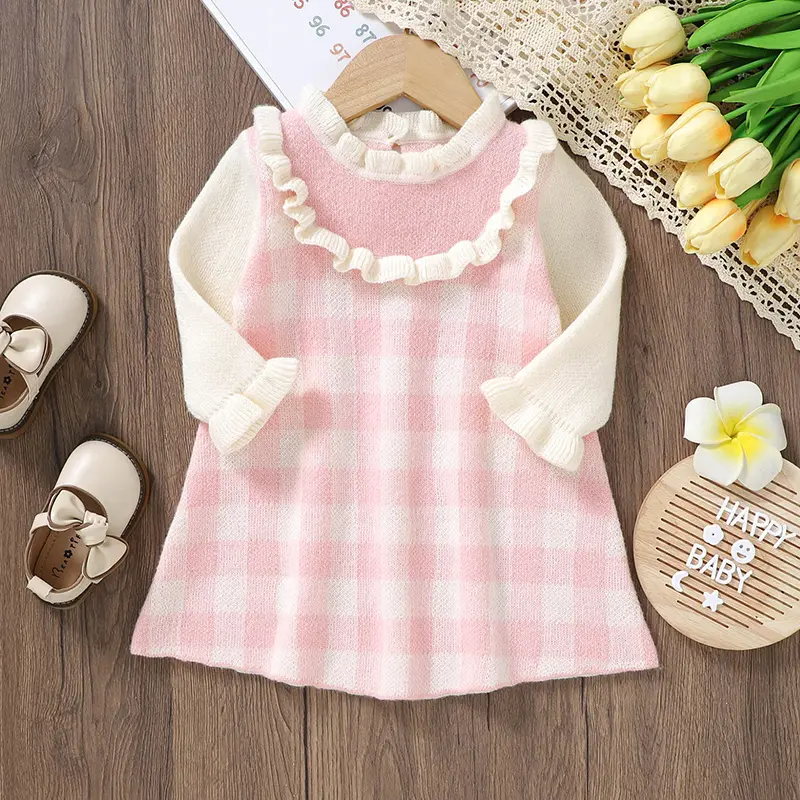 Sweet Long Sleeve Plaid Knee-length Baby Girls Pink Dresses Formal Wear Knitted Polyester Baby One-piece A-line Dresses