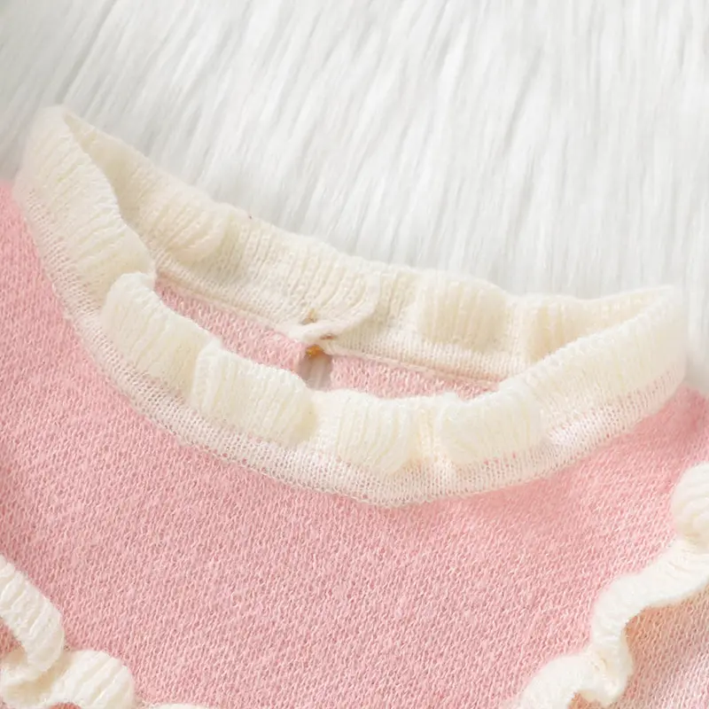 Sweet Long Sleeve Plaid Knee-length Baby Girls Pink Dresses Formal Wear Knitted Polyester Baby One-piece A-line Dresses